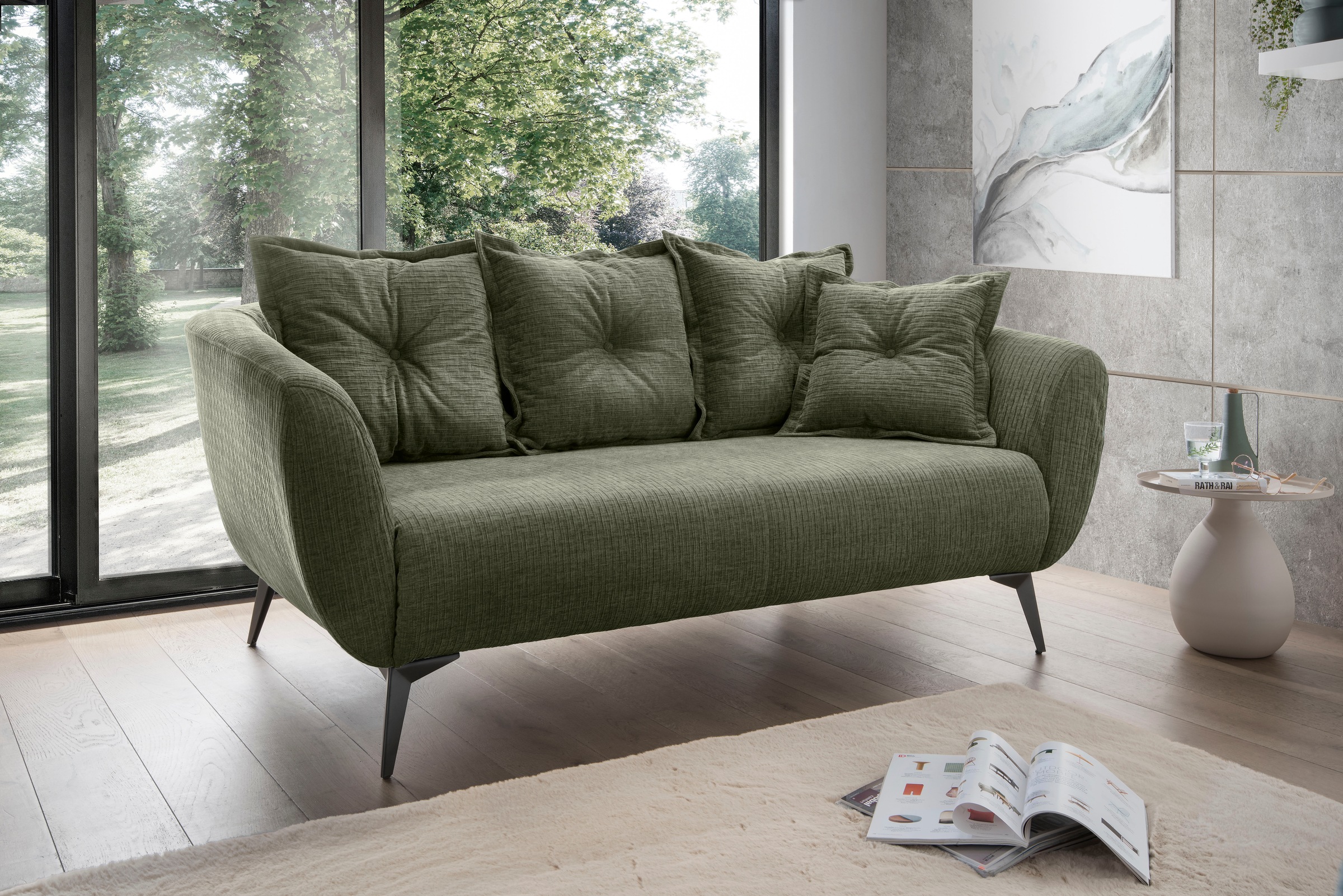 2,5-Sitzer HOME AFFAIRE, B:196cm H:94cm T:103cmolive, 100% Polyester, Sofas, "Baggio, Breite 196 cm zeitlos & elegant, bequem", schwarze Metallfüße