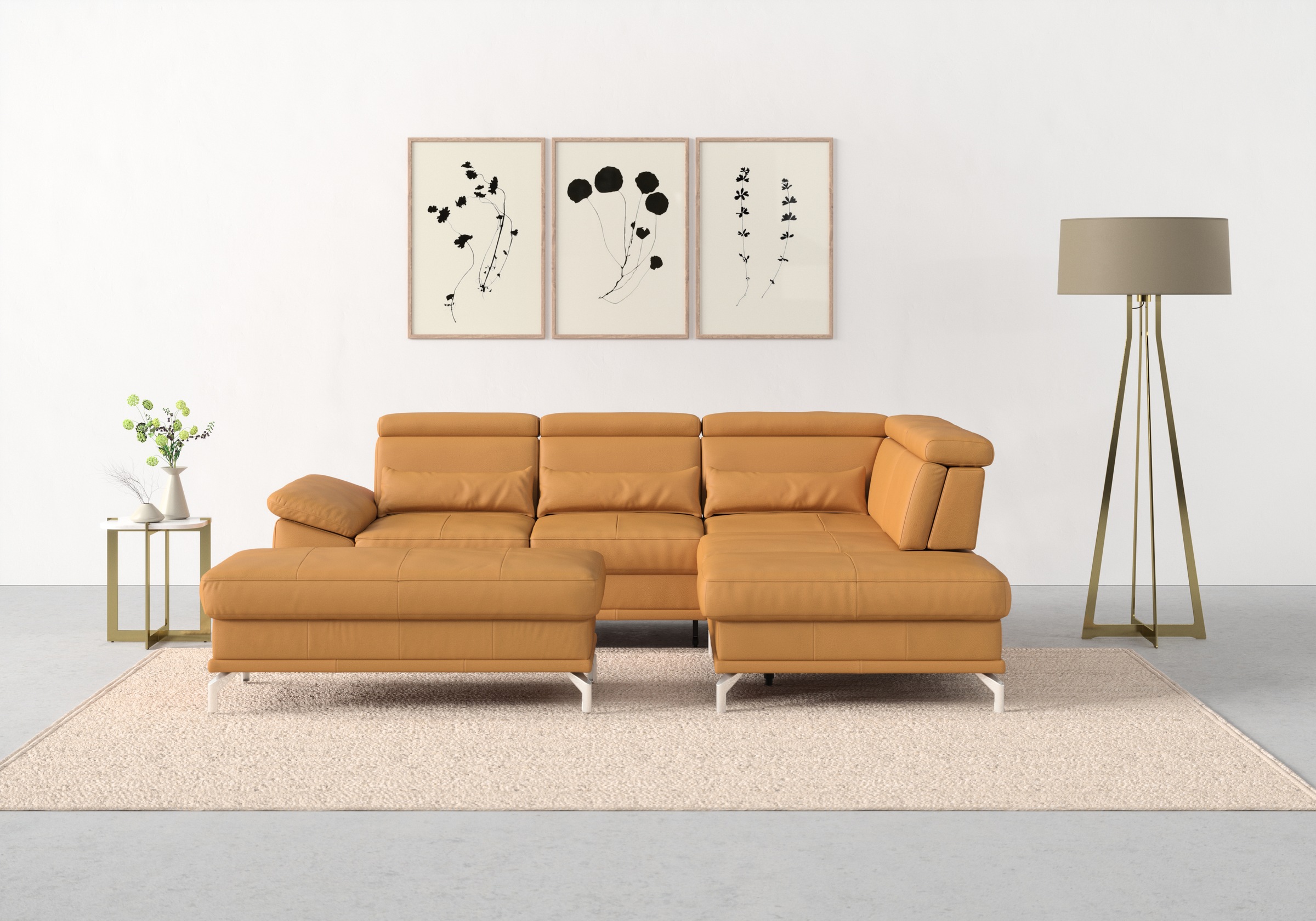 sit&more Ecksofa »Cabrio L-Form, B: 274 cm, mit Sitztiefen-, Arm- & Kopfteilverstellung«, 3 Nierenkissen, Federkern, optional Bettfunktion und Stauraum