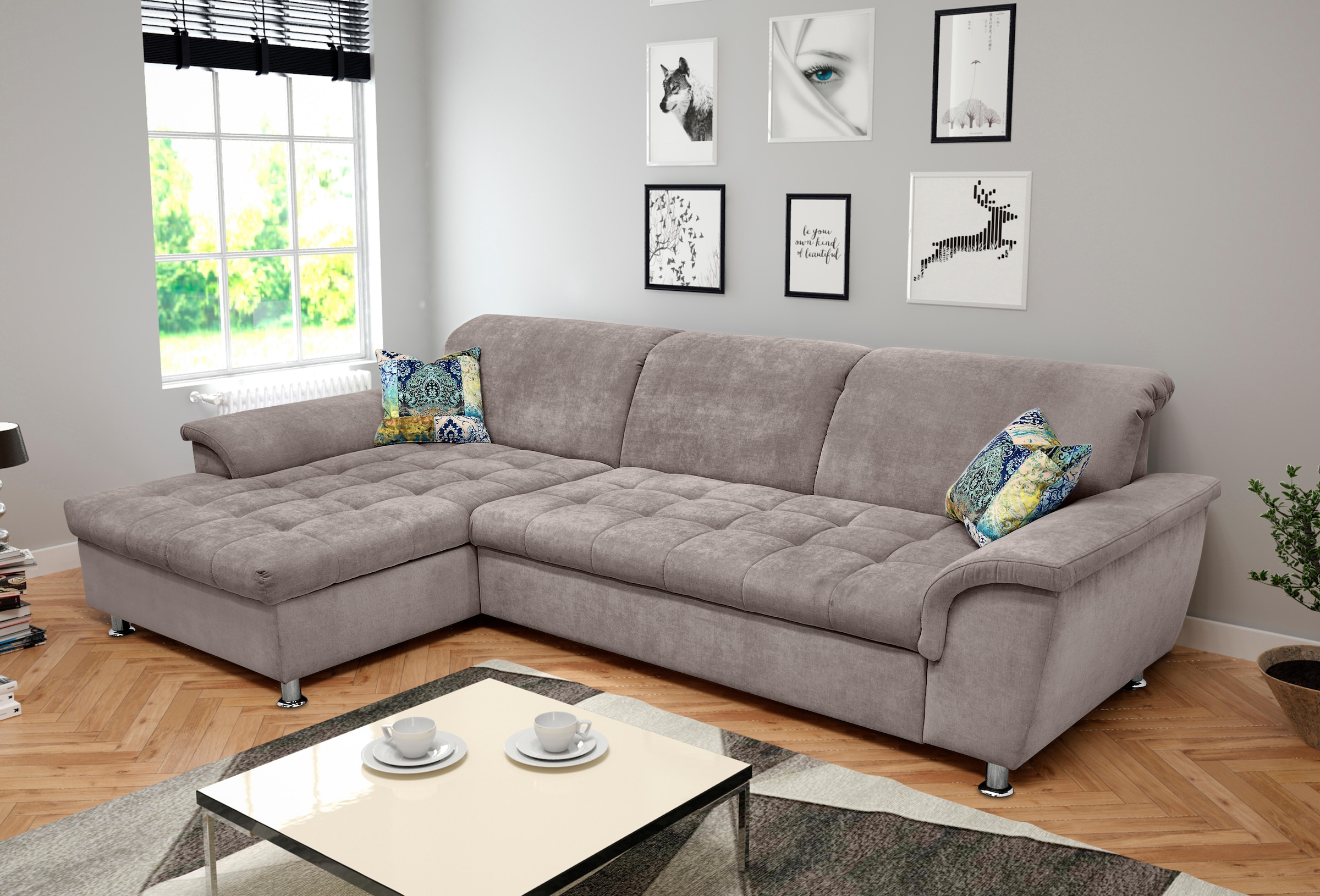 DOMO collection Ecksofa "FRANZI 278x170x81 cm, Steppung im Sitzbereich, L-Form" wahlweise mit Bettfunktion, Bettkasten und Kopfteilverstellung