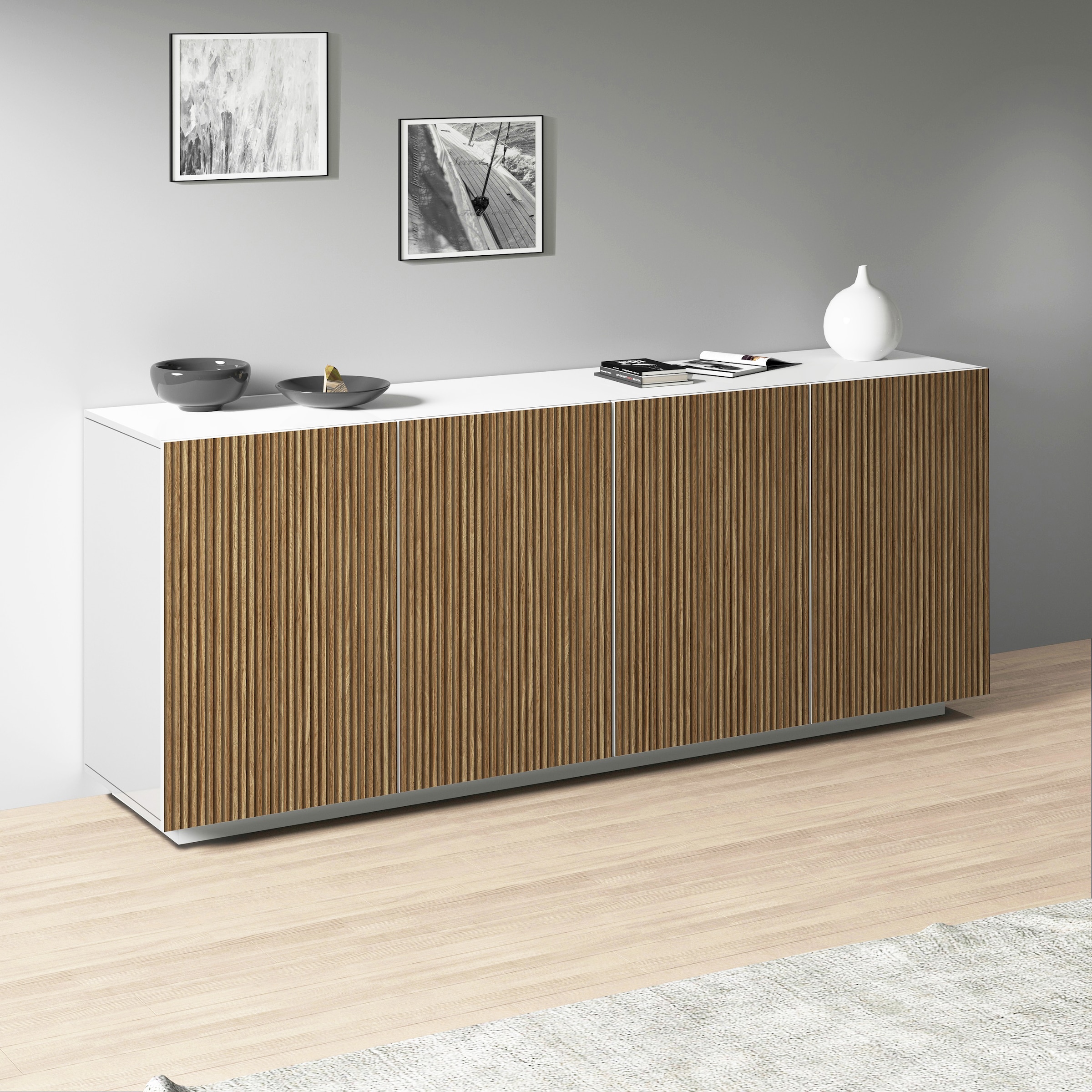 INOSIGN Sideboard »Vega Sideboard,Kommode,200 cm«, mit 4 Türen,Fronten mit Rillen-Optik