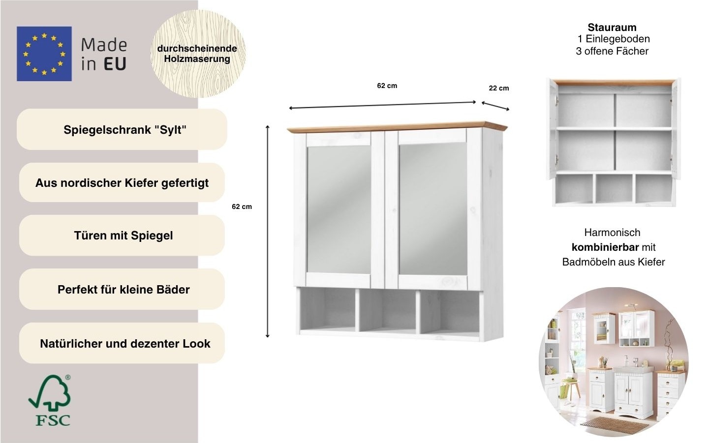 welltime Spiegelschrank »Landhaus Sylt« Breite 62,5 cm, aus Massivholz