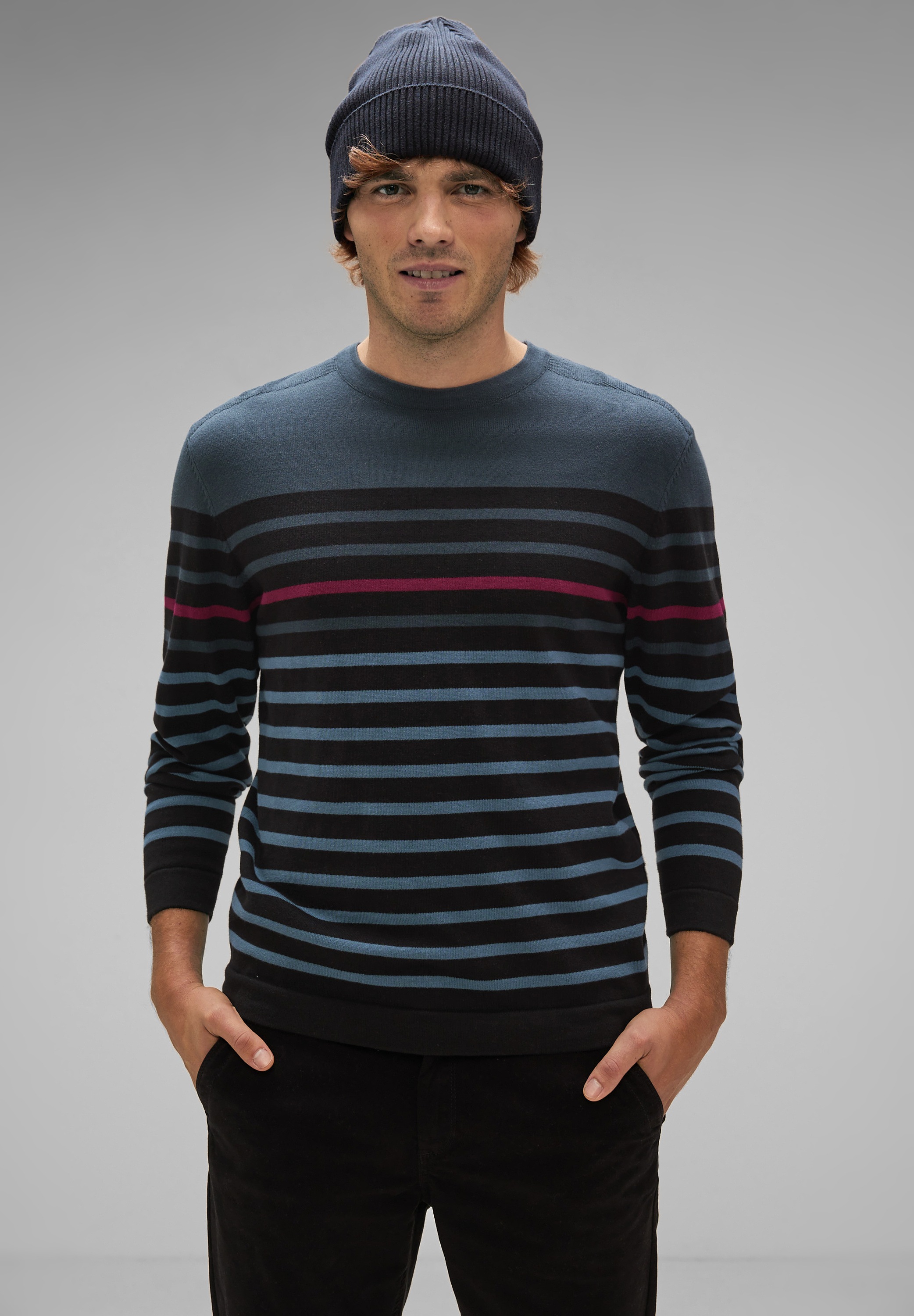 STREET ONE MEN Streifenpullover, aus reiner Baumwolle