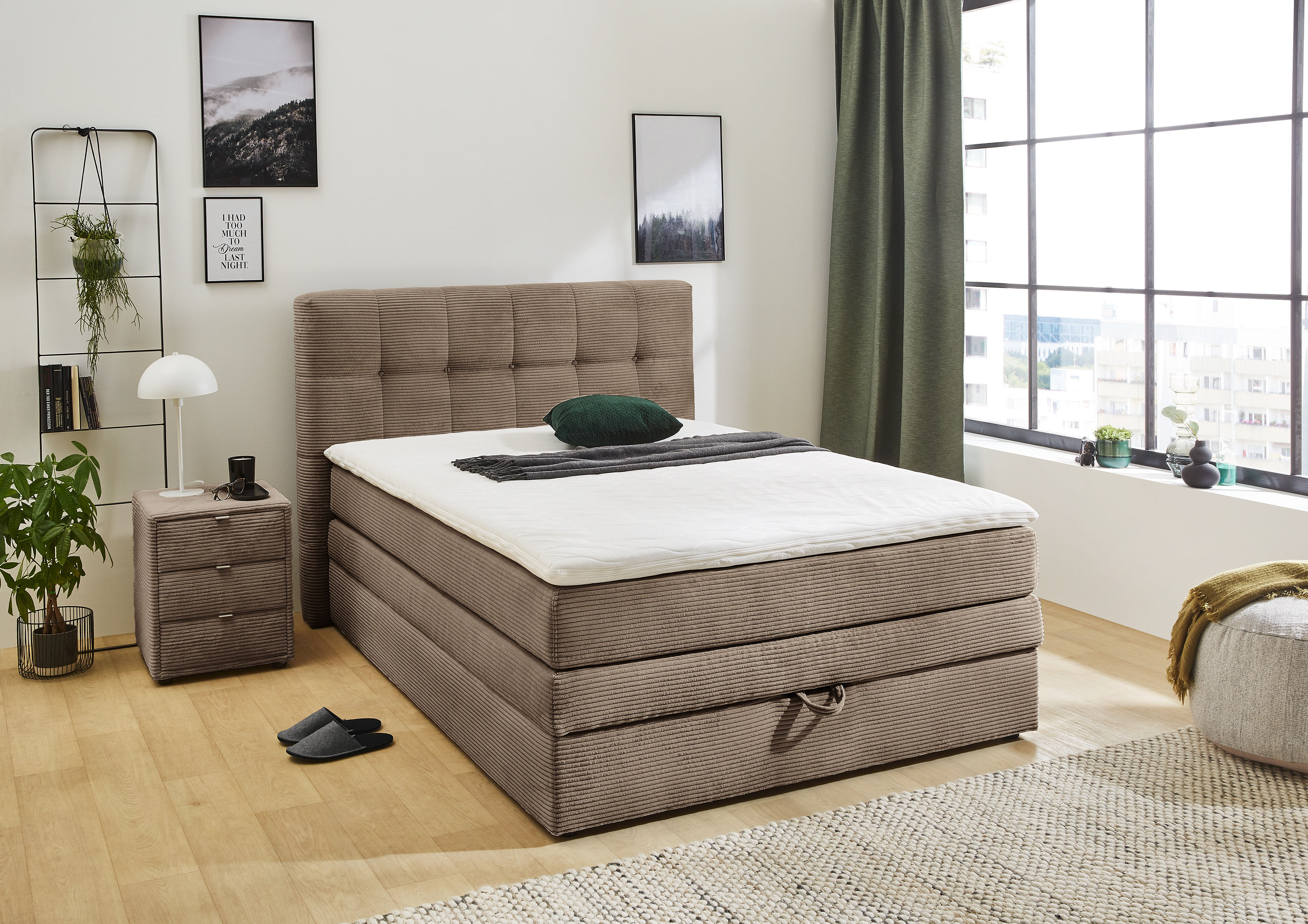 Jockenhöfer Gruppe Boxspringbett "AMY mit Bettkasten, inkl. Bonnell- oder Taschenfederkernmatratze H2-H4" mit 6 cm Kaltschaum-Topper, Cord-Bezug, 120x200 und 140x200 cm