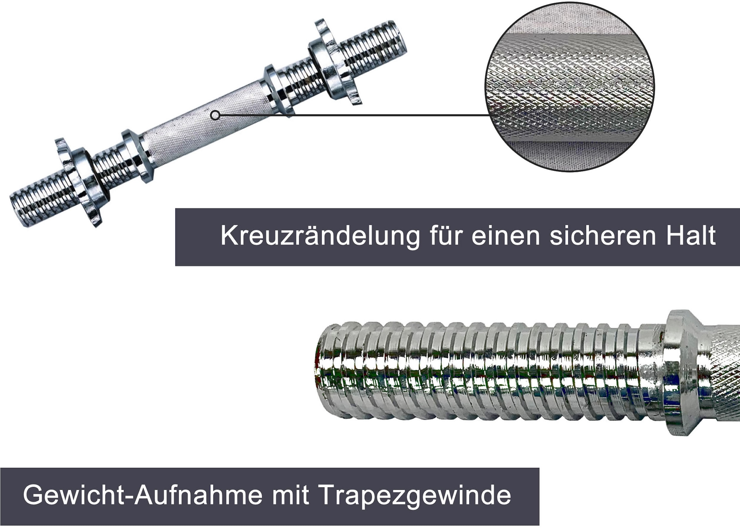 body coach Kurzhantelstange »Verchromt, 35 cm 14" für Standard Gewichte 30mm Innenmaß«, Stahl-Chrom, (3 tlg.), kreuzgerändelter Griff