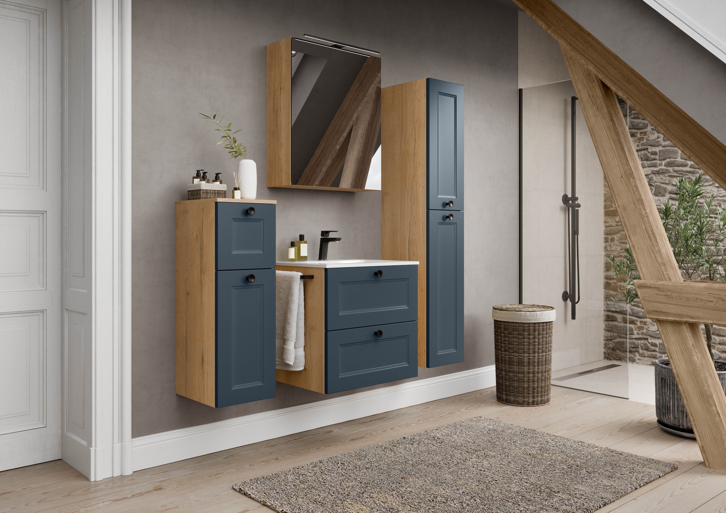 nobilia® Badmöbel-Set »Cascada« Set, mit Waschbecken, inkl. Spiegelschrank mit Beleuchtung, 2 Stk. tlg.