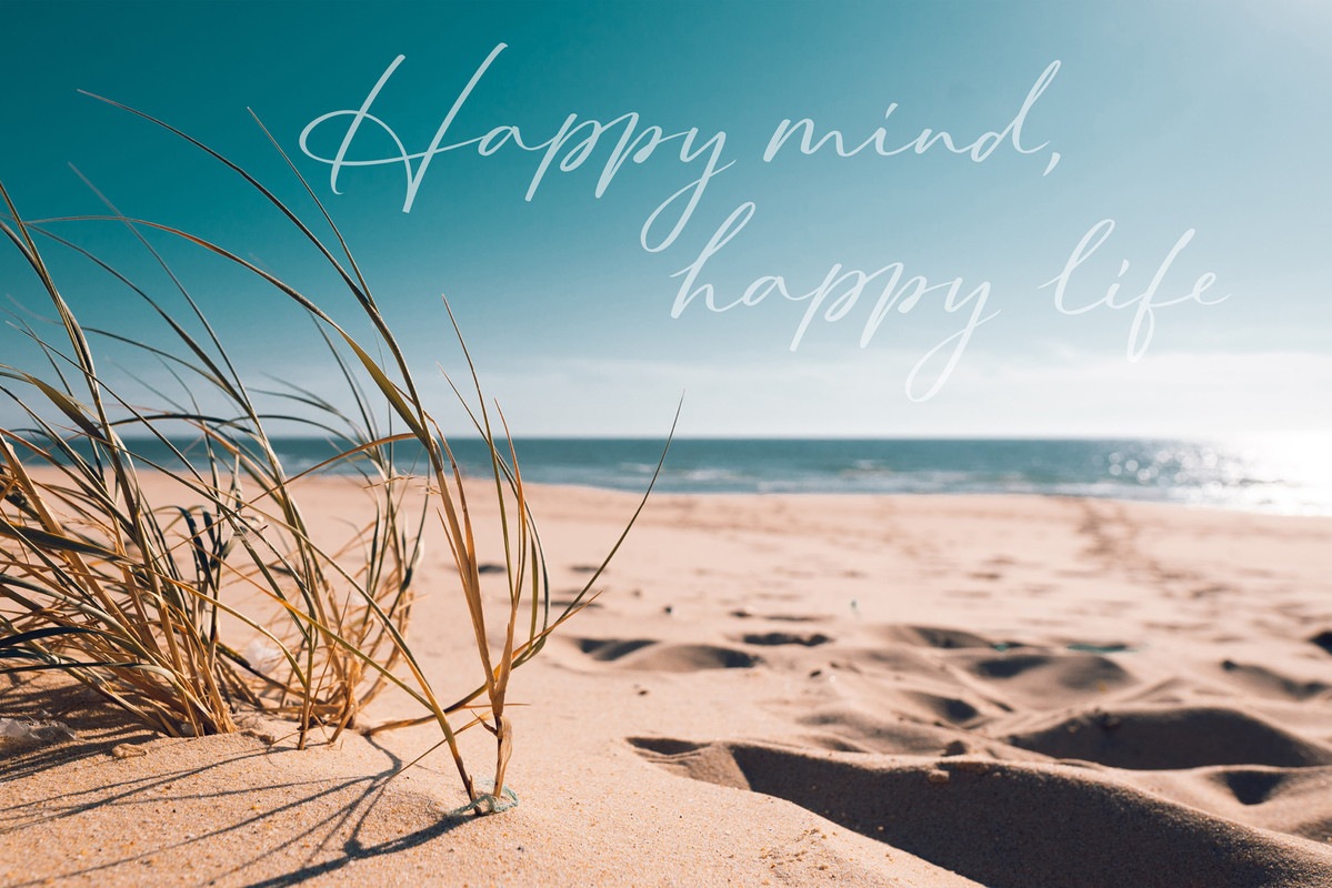 A.S. Création Vliestapete "Strand Spruch Beige Türkis Tapete „Happy Mind“" matt glatt