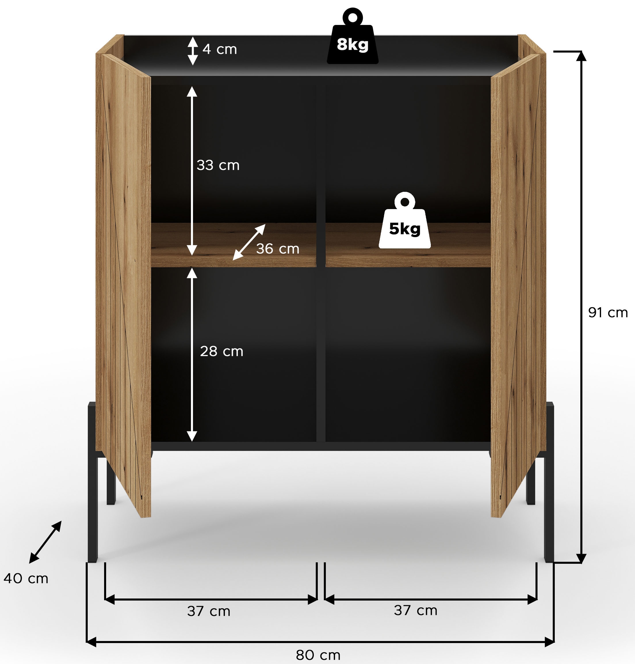 INOSIGN Kommode »SNETT, Höhe: 91cm, mit Metall-Stabfüßen, 2 Türen, 2 Einlegeböden«, Anrichte, Sideboard, Schrank, Board, Highboard