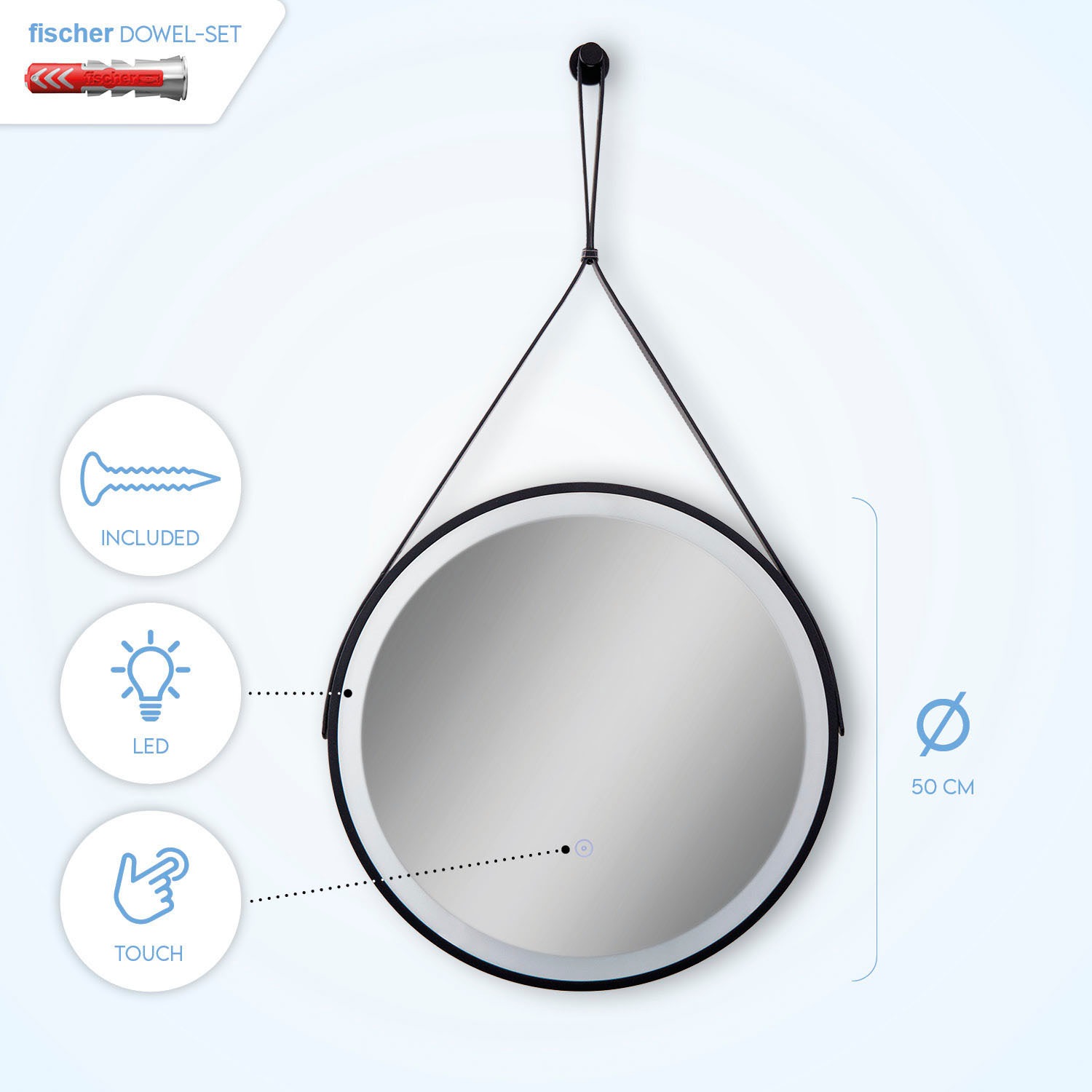 Paco Home Wandleuchte »IVY«, LED Backlight Rund 50cm IP44 Touch Kunstleder-Aufhängung