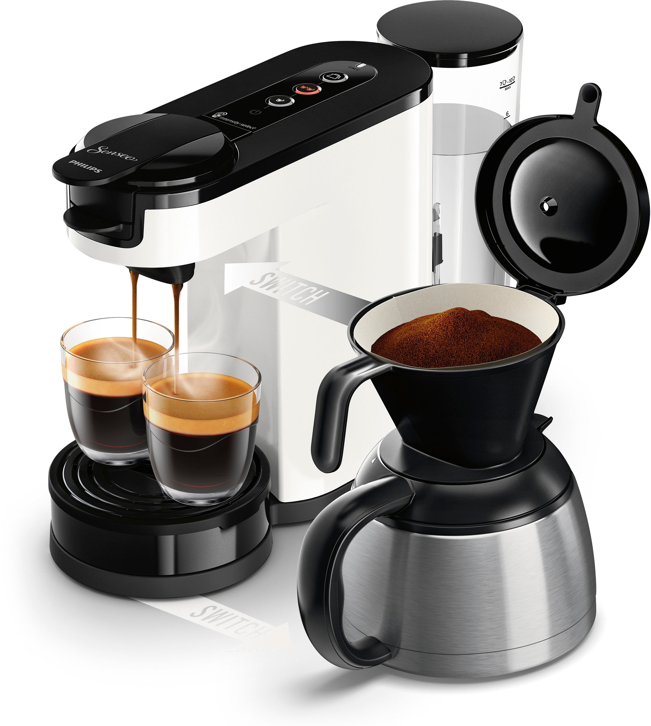 Philips Senseo Kaffeepadmaschine "Switch HD6592/64, 2-in-1 Pad und Filterkaffee" 1 l Kaffeekanne aus 26% rec. Plastik