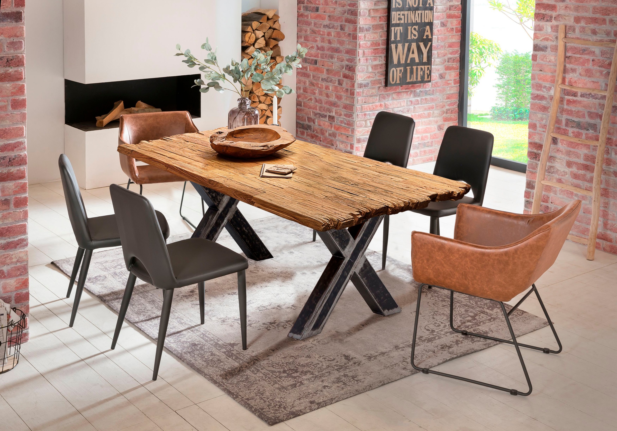 Esstisch SIT, beige (natur, antikschwarz, antikschwarz, natur), B:240cm H:78cm T:100cm, Platte recyceltes Teak, Gestell Metall, Tische, Esstisch, Gestell im Used-Look 3