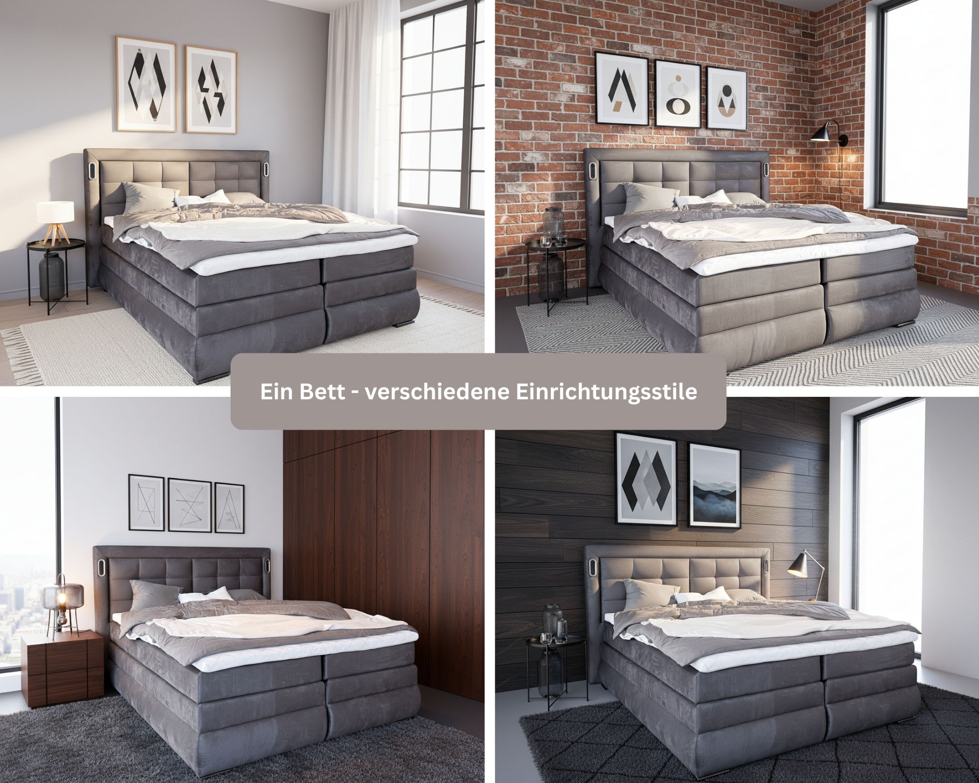 OTTO home Boxspringbett »MIVVA in der Breite 180cm, inkl. Bettkasten & Topper« in H3, H4 oder Hmix H3/H4, wahlweise mit oder ohne LED-Leuchten
