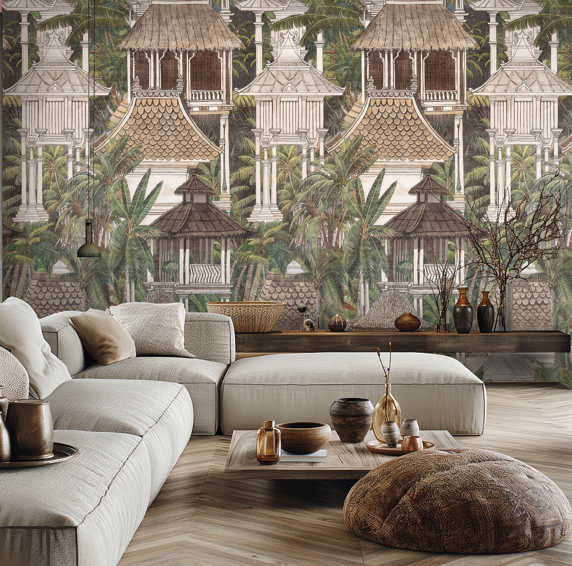 living walls Vliestapete "Fototapete asia Architektur Palmen erweiterbar" Motiv strukturiert