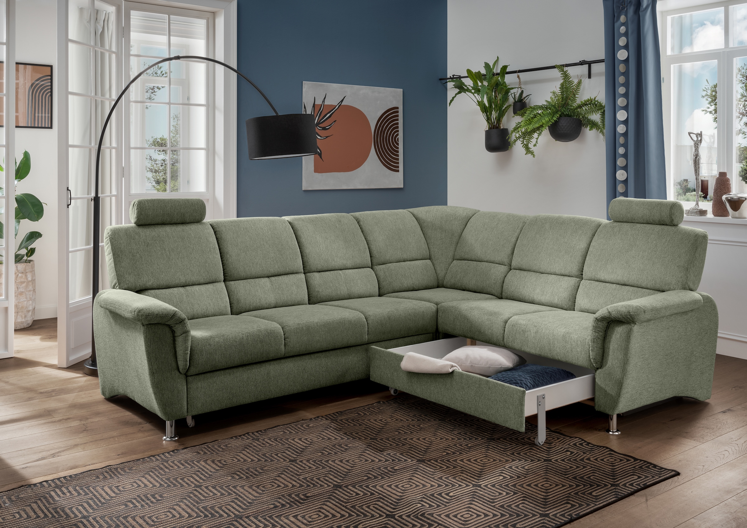Home affaire Ecksofa »Pisa L-Form, mit Schlaffunktion, Stauraum, 2x höhenverstellbare«, Kopfstützen und Relaxfunktion im Eckelement