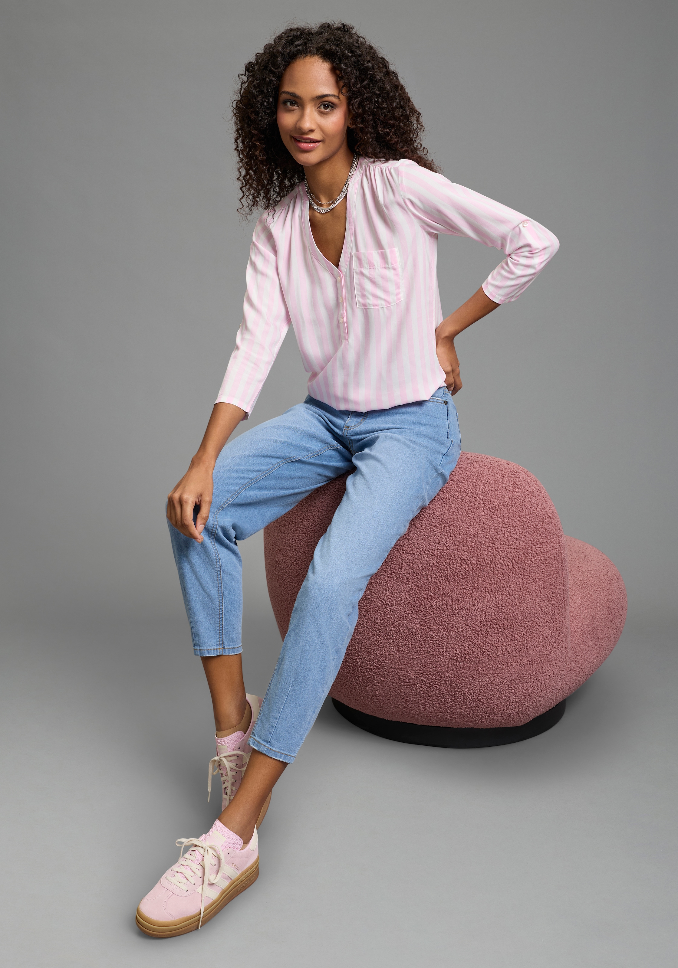 Laura Scott Schlupfbluse gestreifte Langarmbluse, mit Stehkragen, V-Ausschnitt