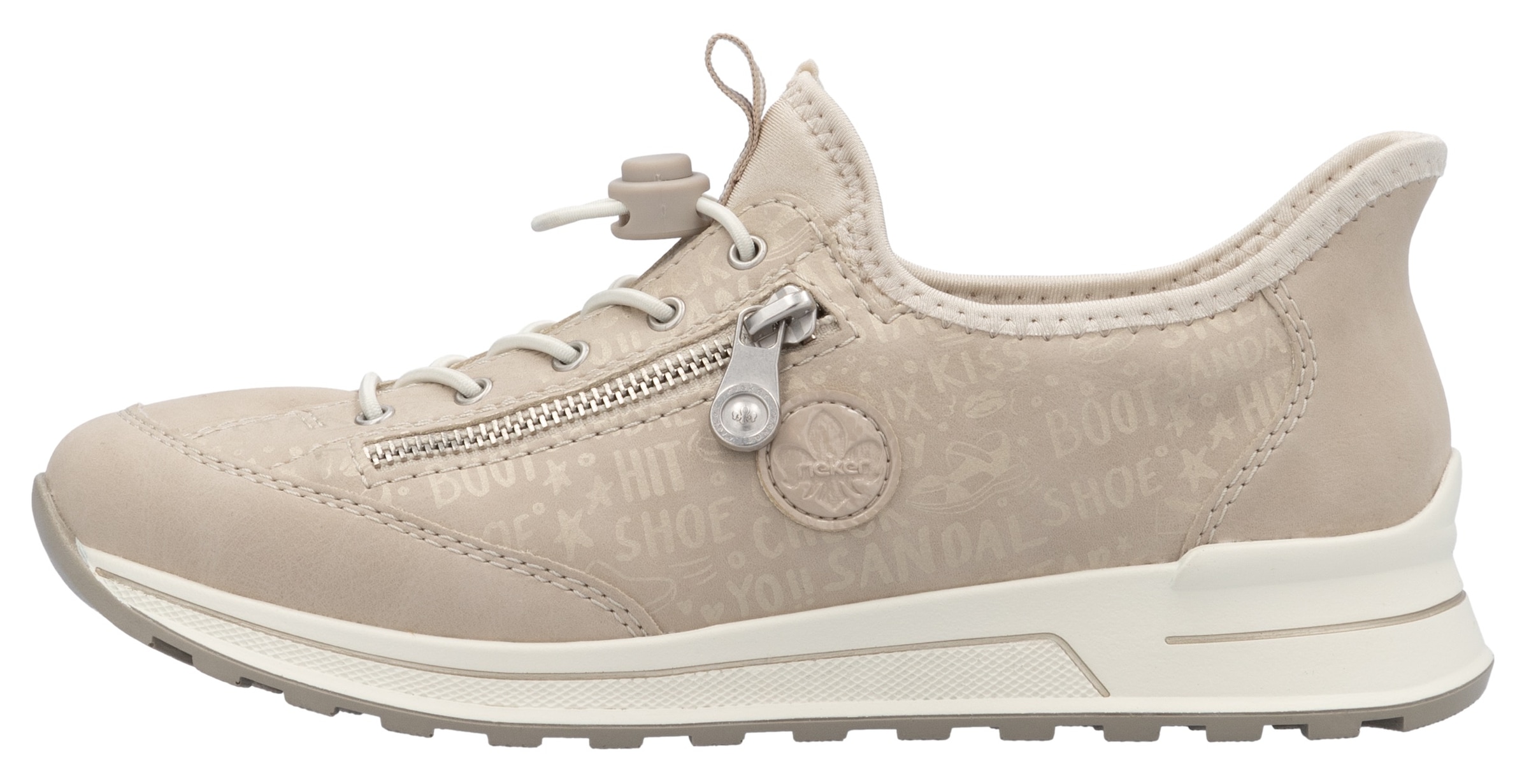 Rieker Slip-On Sneaker, Schlupfschuh, Freizeitschuh, Halbschuh mit Lettering-Print