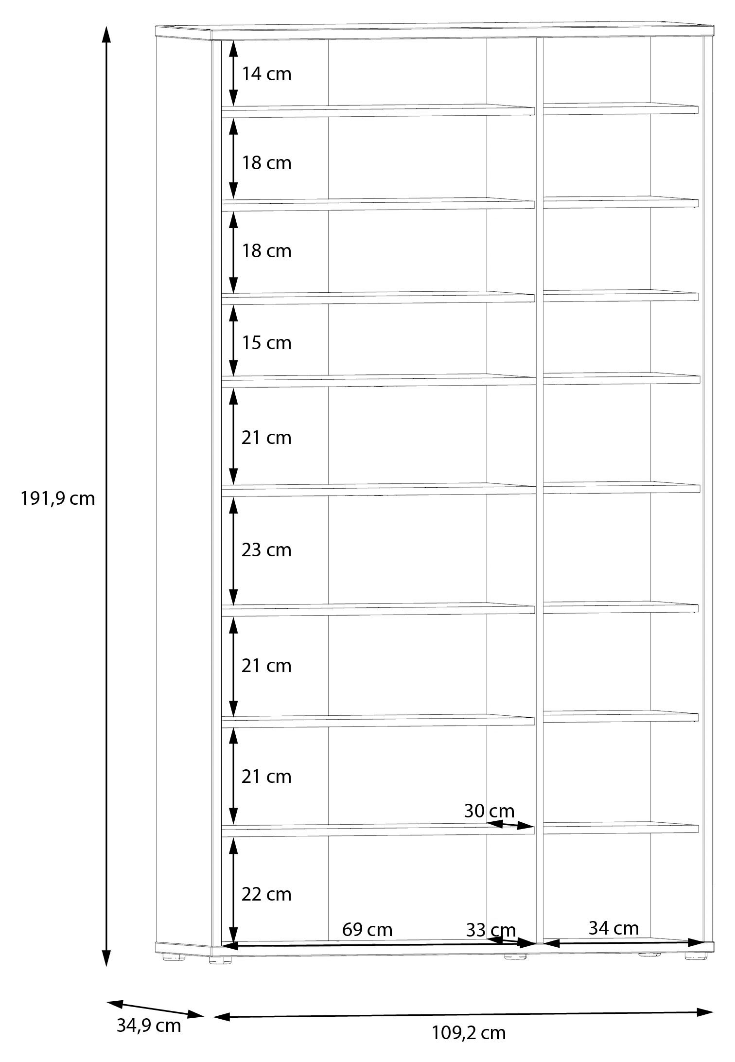 FORTE Schuhschrank »Alice Springs«, (B/H/T 109,2/191,9/34,9 cm), Stauraumschrank, Mehrzweckschrank, (B/H 109cm x 192cm), mit 16 Böden