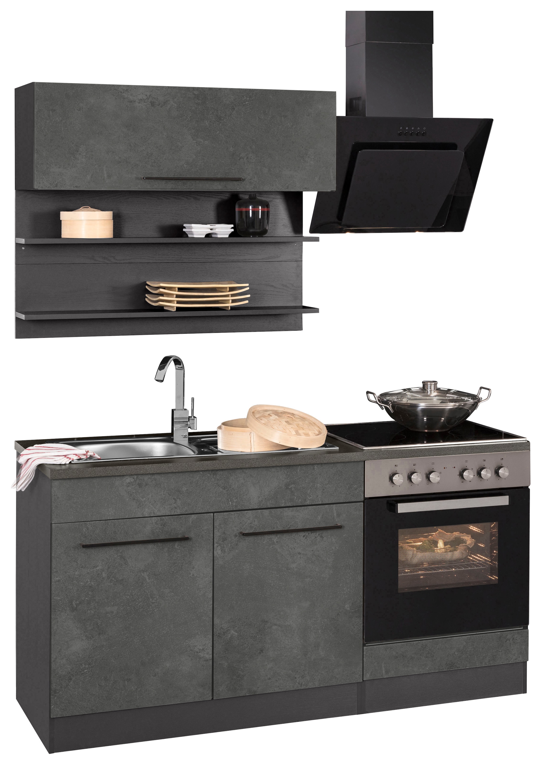 KOCHSTATION Küchenzeile »KS-Tulsa«, mit E-Geräten, Breite 160 cm, schwarze Metallgriffe