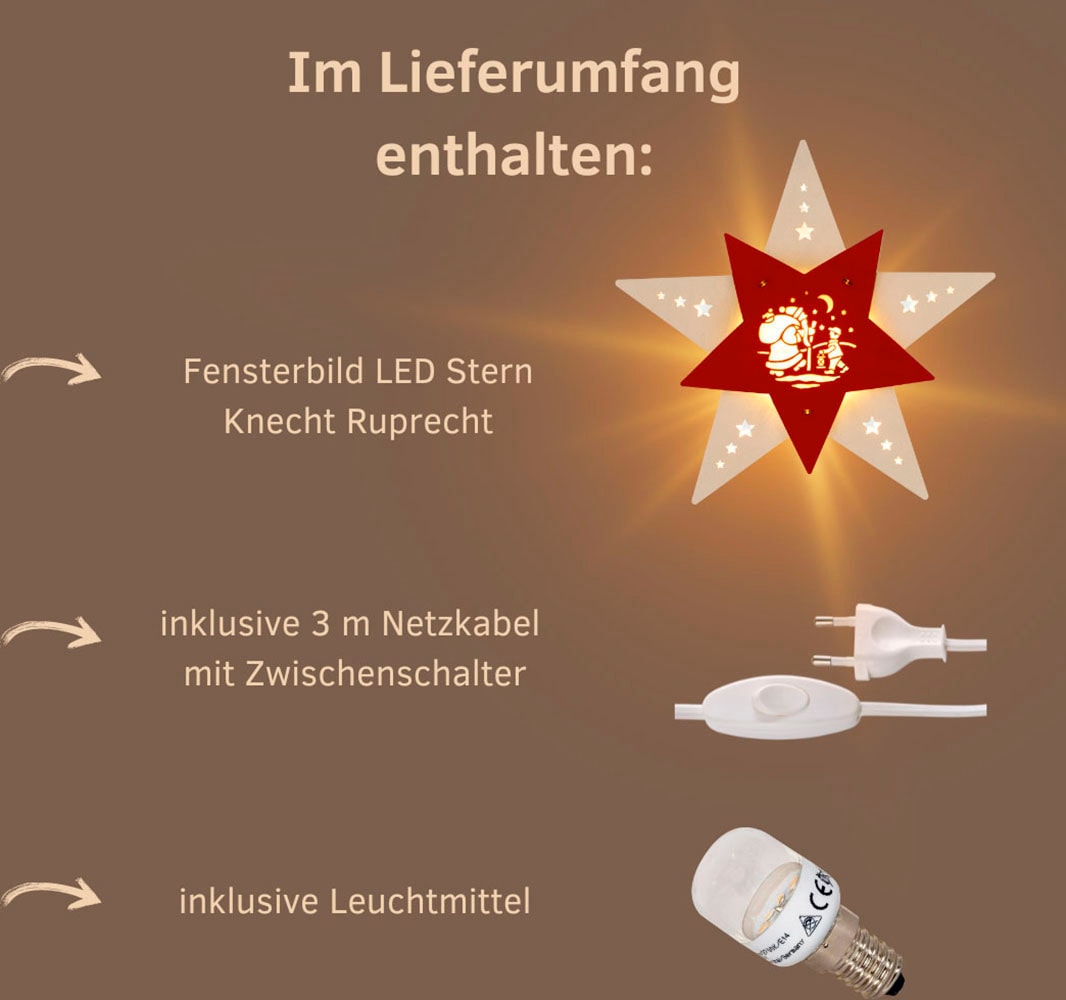 Weigla Dekostern »LED Knecht Ruprecht, Fensterbild, WEIẞ-ROT, Made in Germany« Erzgebirge garantiert, Weihnachtsdeko Innen, Weihnachtsbeleuchtung