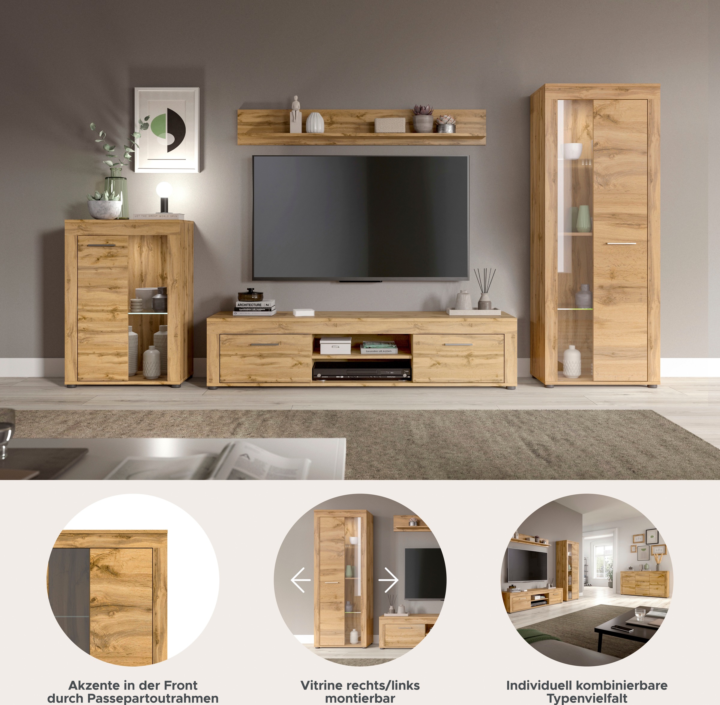 Thumbnail - Home affaire Wohnwand "Aosta, 4-tlg., best. aus: Vitrine, Lowboard, Wandboard & Vitrine hoch" 4 Stk. tlg.