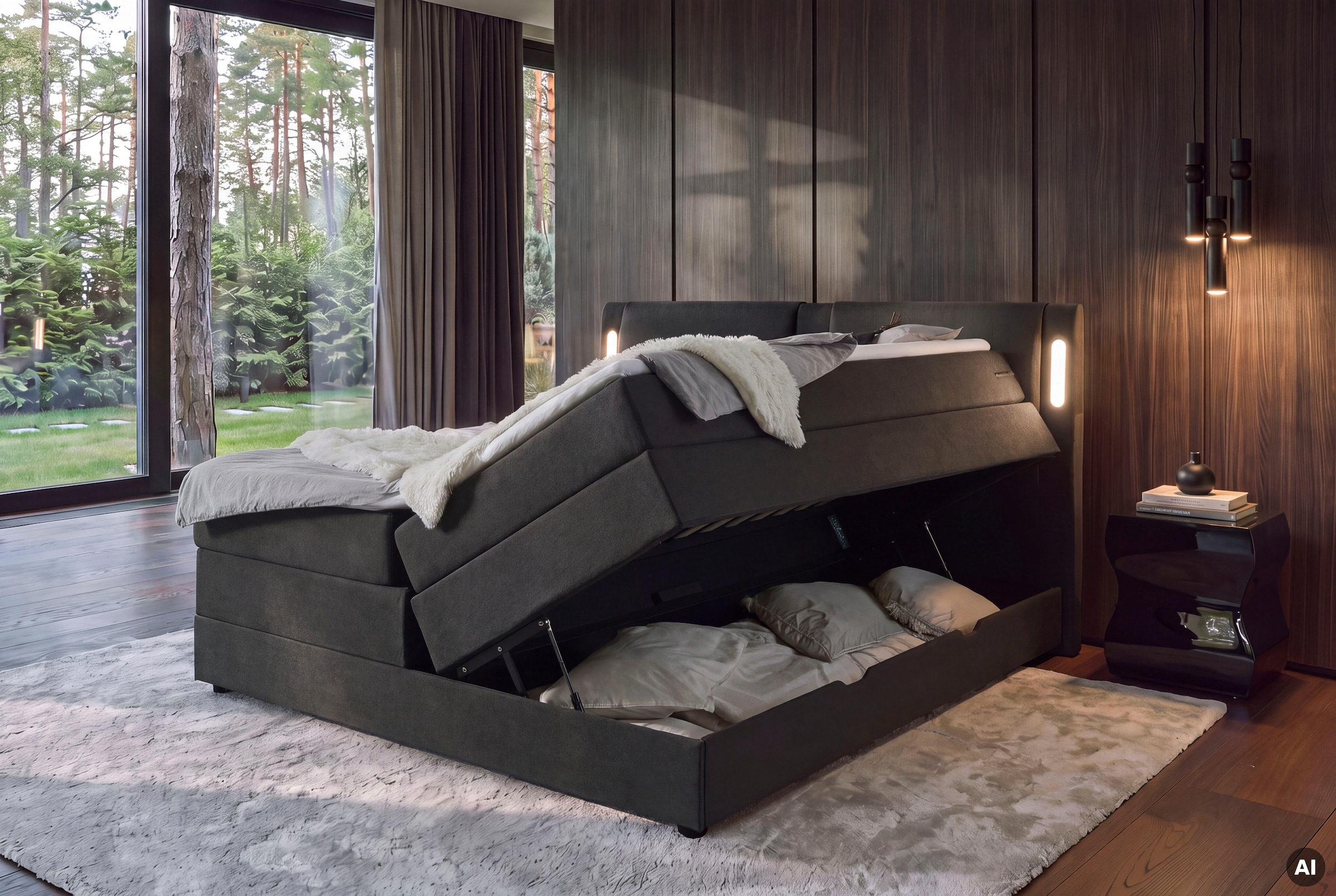 INOSIGN Boxbett »ELVERTA, Polsterbett mit Bettkasten, inkl. Taschenfederkernmatratze H3« mit Topper und LED-Beleuchtung, Strukturstoff-Bezug,  180x200 cm