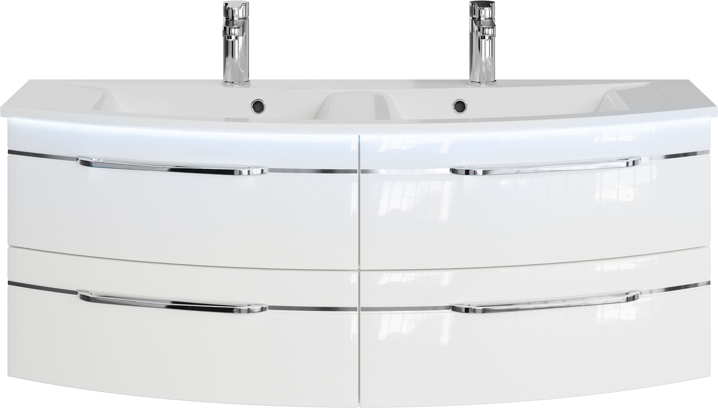 Saphir Badmöbel-Set »Badezimmer-Set 133,2 cm breit, inkl. Türdämpfer, 3 Türen, 4 Schubladen«, (Set, 2 St.), Serie 7045 2-teilig Mineralmarmor-Doppelwaschtisch, LED-Spiegelschrank