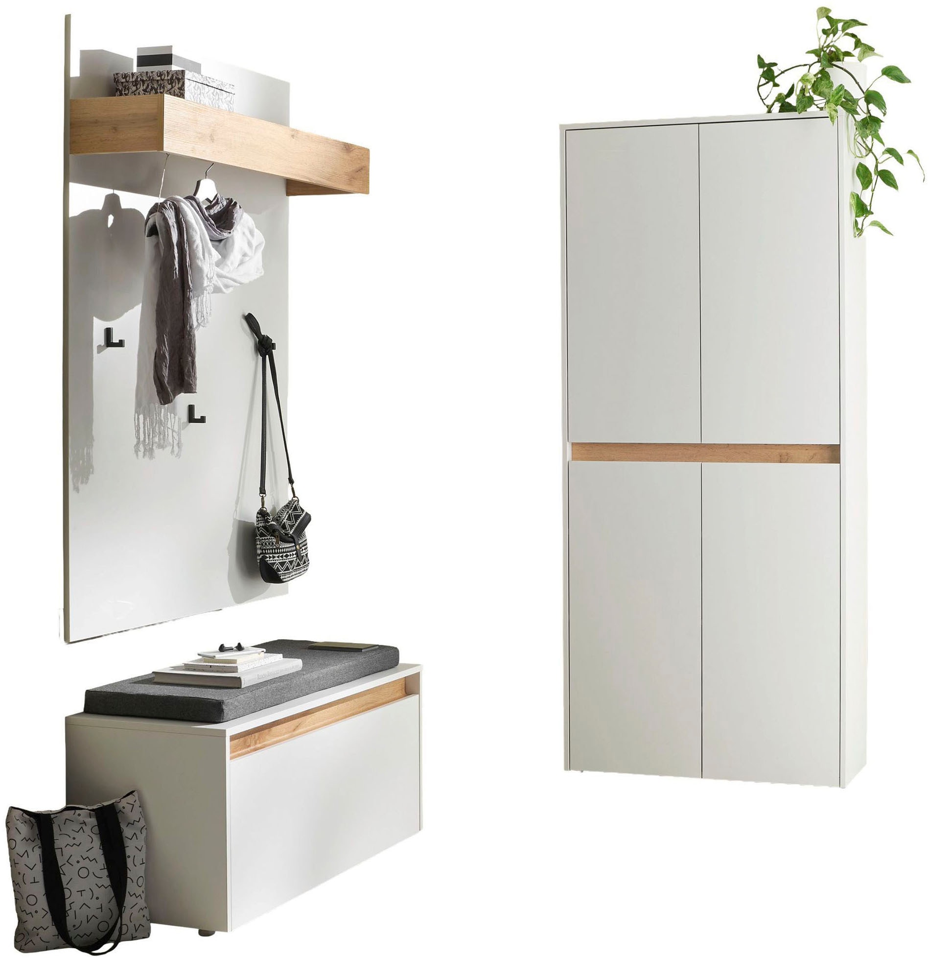 INOSIGN Garderoben-Set »City/Giron, moderne Garderobe, viel Stauraum, ca. 40 Schuhe«, (Set, 3 St.), enthält Schuhschrank, Garderobenpaneel & Garderobenbank mit Sitzkissen