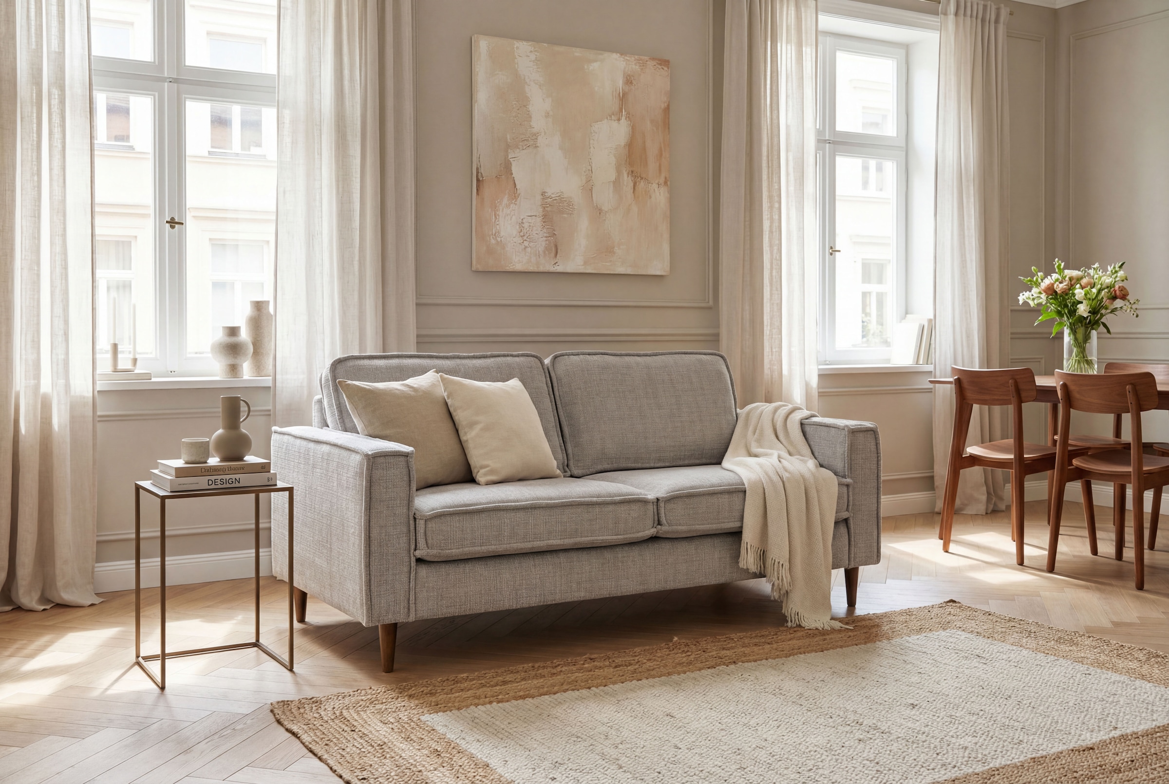 OTTO home 2-Sitzer "Pinto Skandi, 166 cm, Chenille, Struktur" mit Keder, Massivholzfüße Eiche geräuchert, Wellenunterfederung