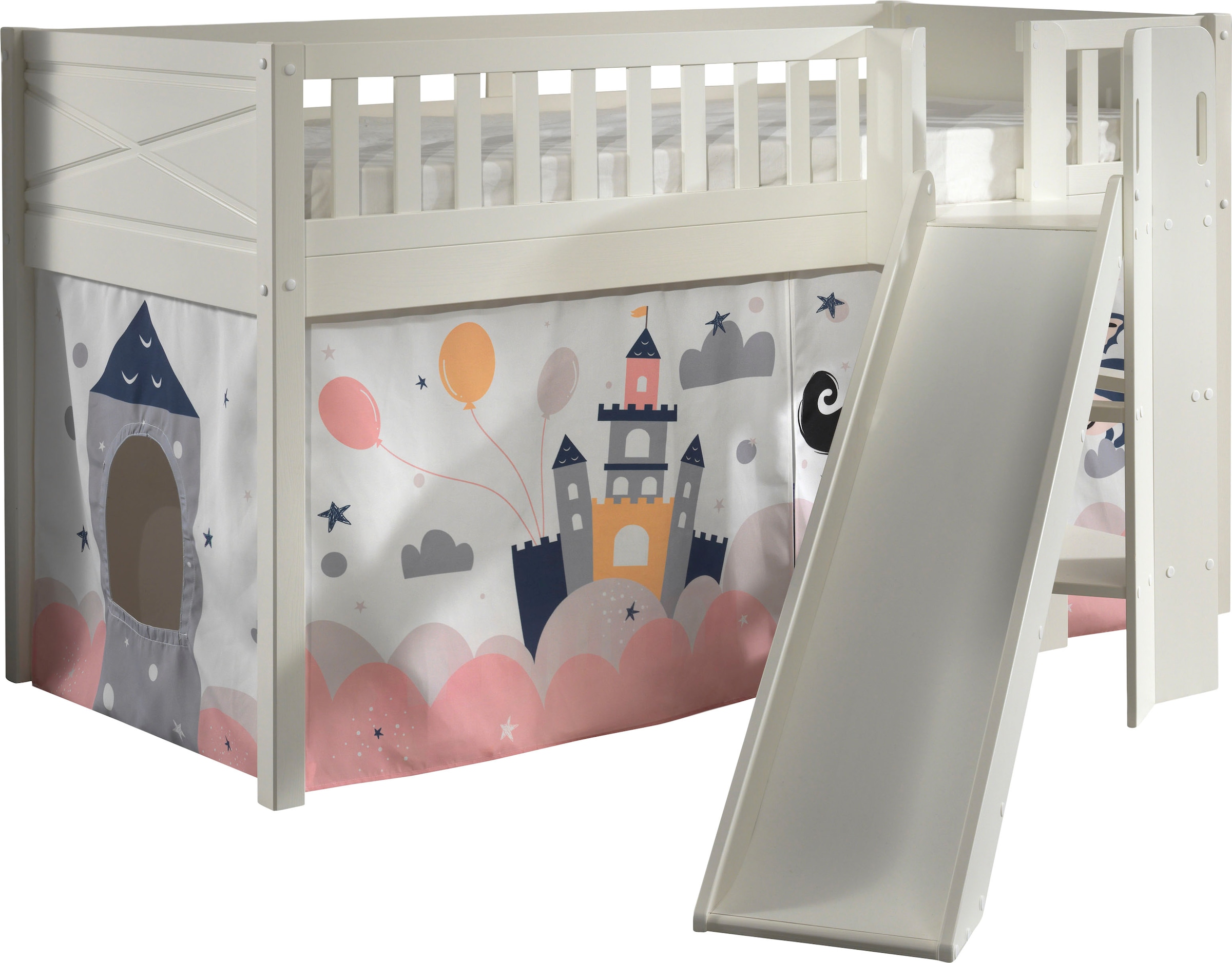 Vipack Hochbett "Scott" B/H/T ca. 207,6x114x203,7cm, Kopf-/Fußteil mit Fräsung, stabil gebaut, mit Rutsch-/Leiterturm, LF 90x200 cm, inkl. Vorhang, 7 Designs