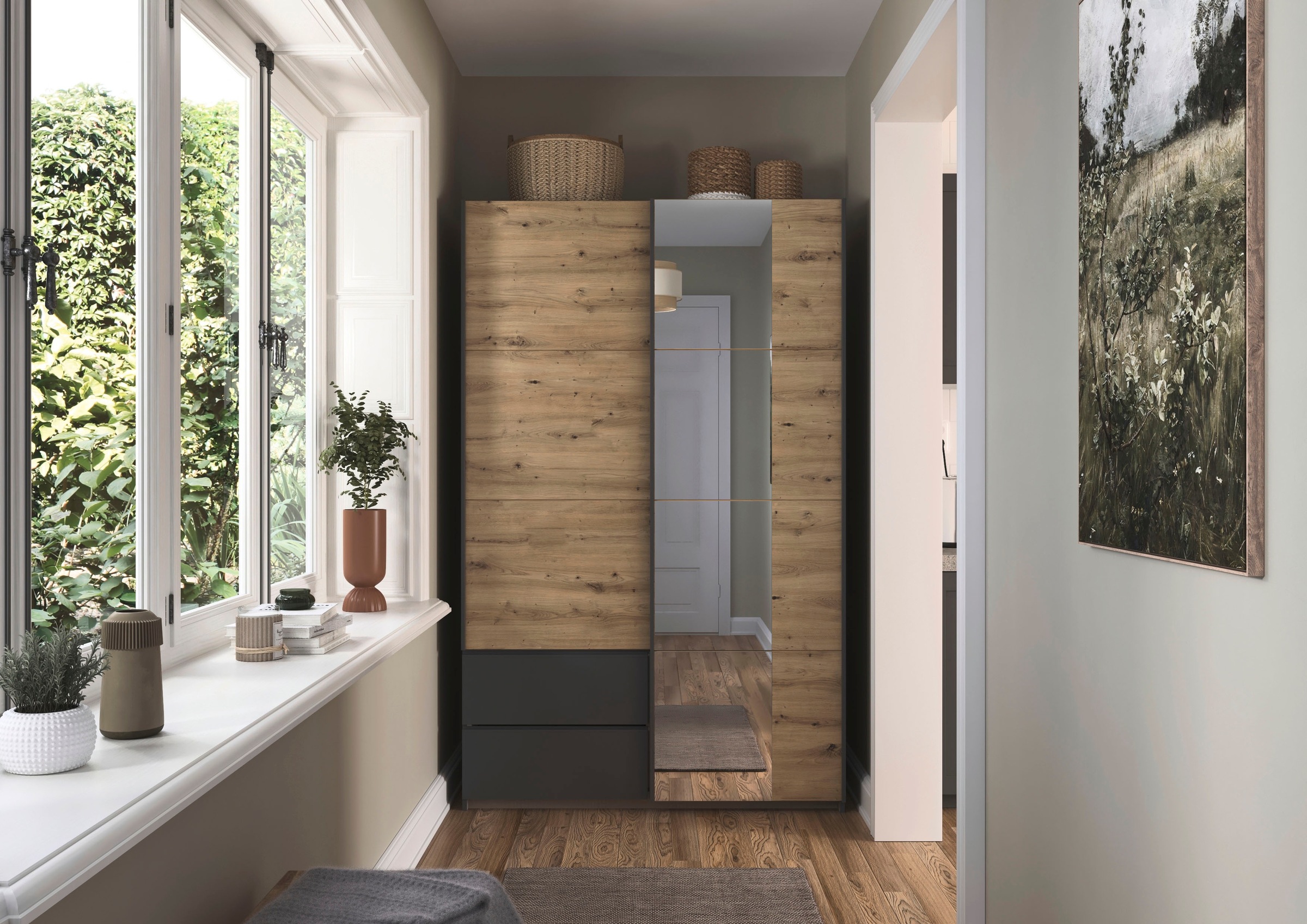 rauch Schwebetürenschrank »Kleiderschrank Schrank Garderobe Wäscheschrank SEVILLA mit Spiegel«, (in 3 verschiedenen Ausstattungen BASIC/CLASSIC/PREMIUM), Metall-Griffleisten alufarben oder Graumetallic MADE IN GERMANY