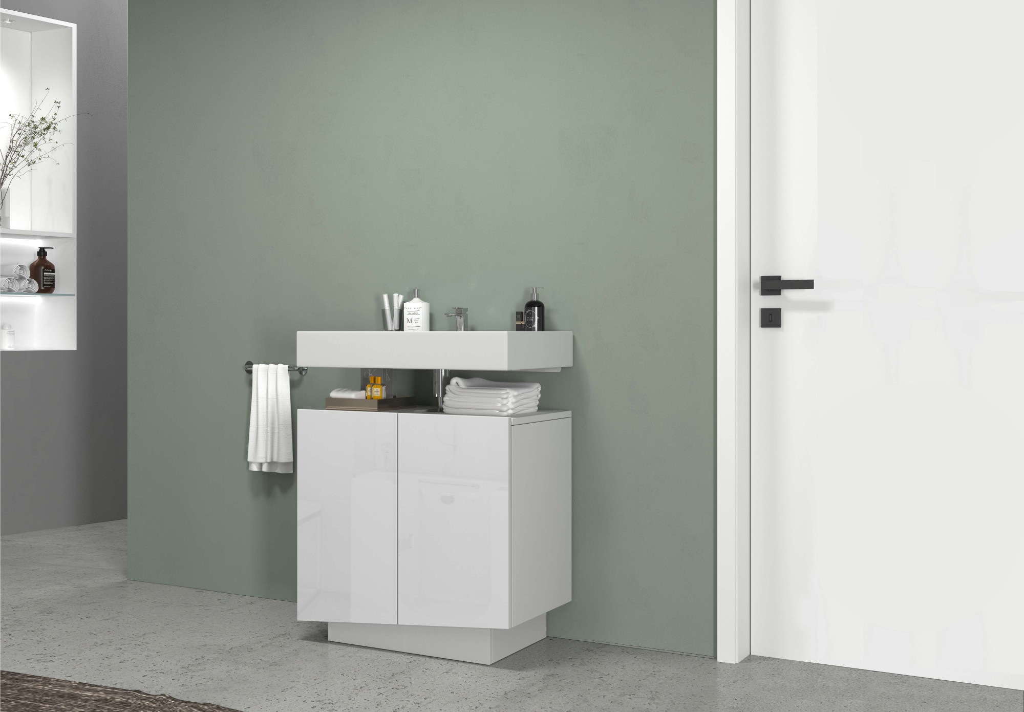 welltime Waschbeckenunterschrank »Vela,Breite 60cm, 2 Türen, 2 Fächer, mit Siphonausschnitt, lackiert« 1 Stk. tlg. Waschbeckenunterschrank,Waschtisch,Design mit schrägen Türen