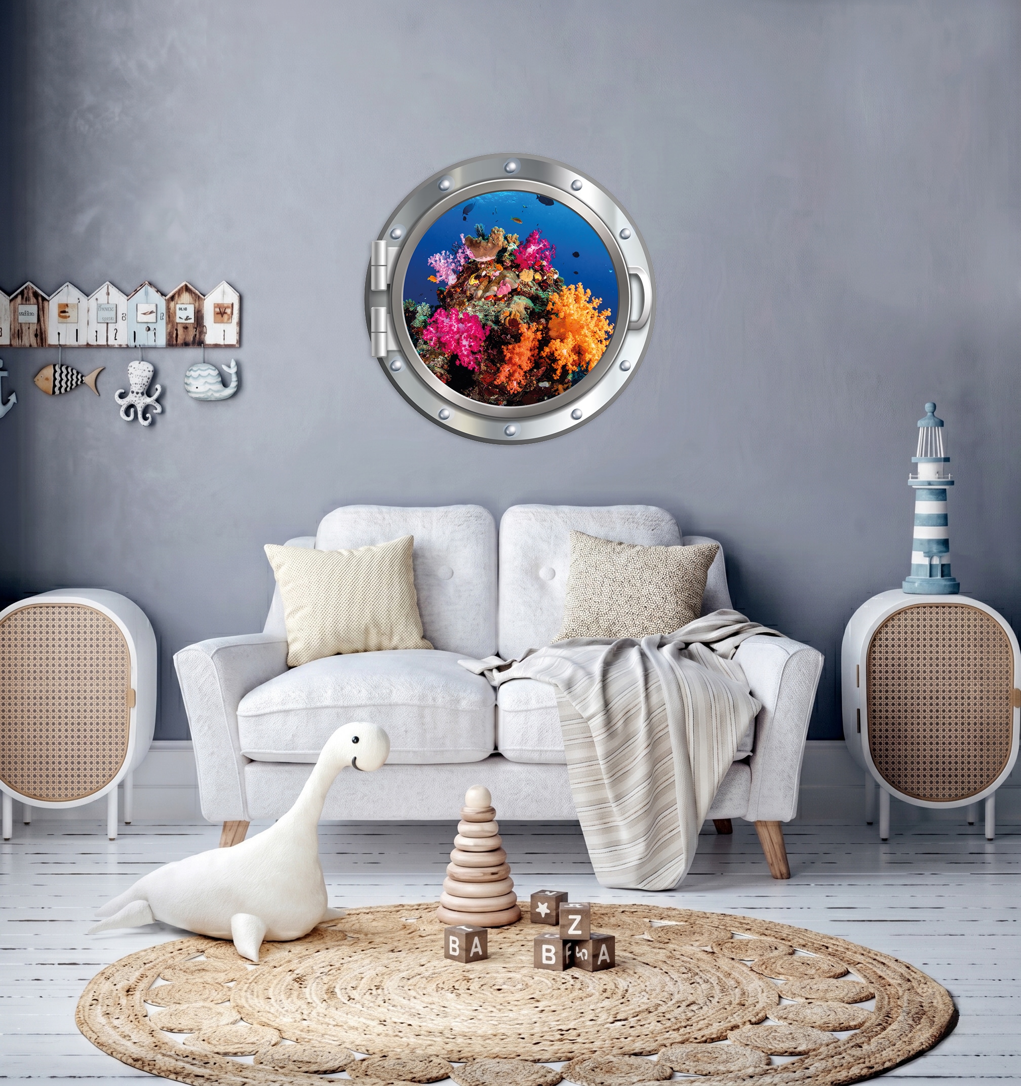queence Wandsticker "3D Bullauge Illusion Unterwasserwelt Korallen 40x40 cm" Selbstklebender Wanddurchbruch Unterwasser