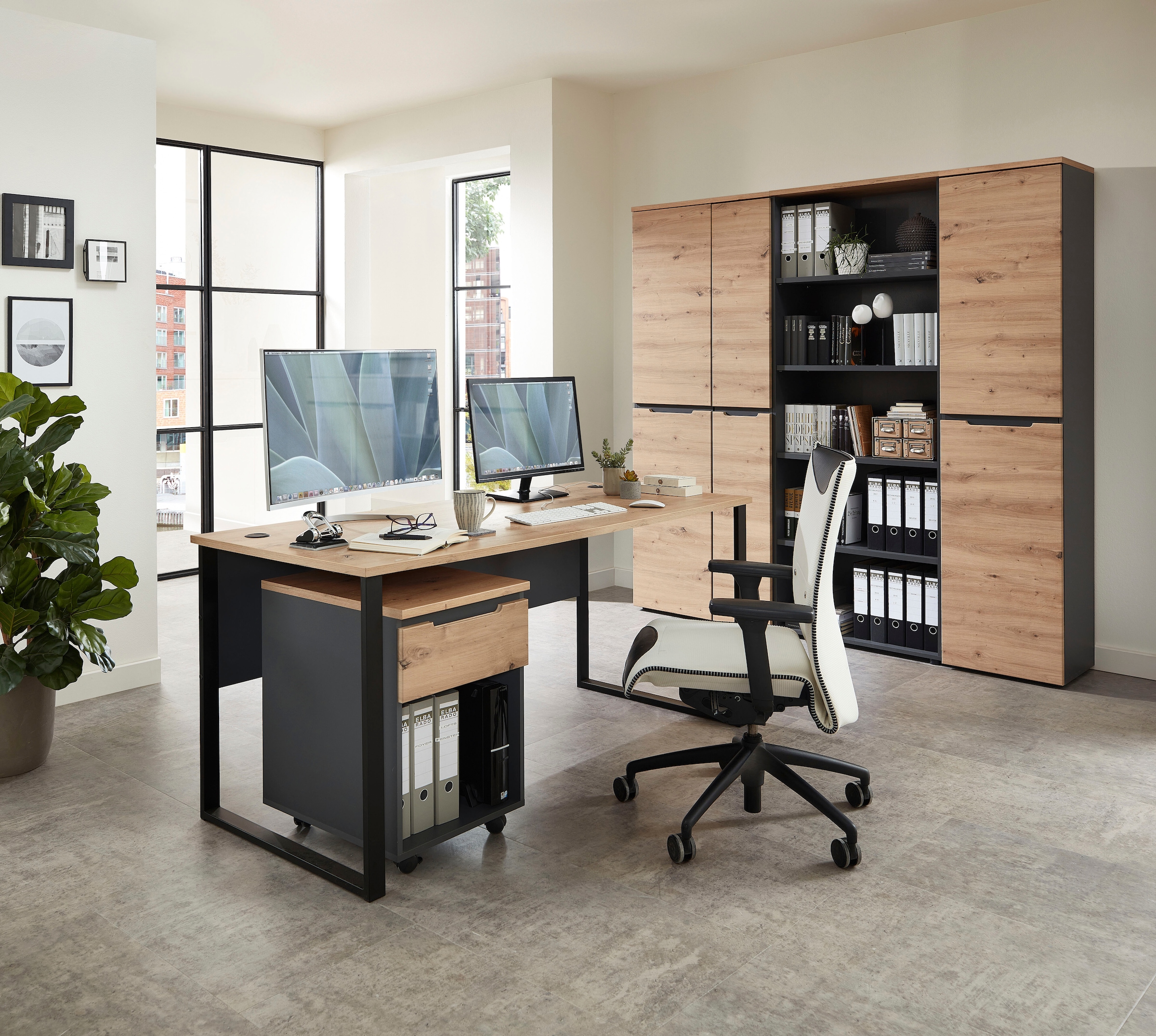 Aktenschrank INNOSTYLE, B:75cm H:197cm T:38cm, grau, Dekorfolie, FSC-zertifizierter Holzwerkstoff, Hartfaserplatte, Kunststoff, MDF, Büro, Schränke