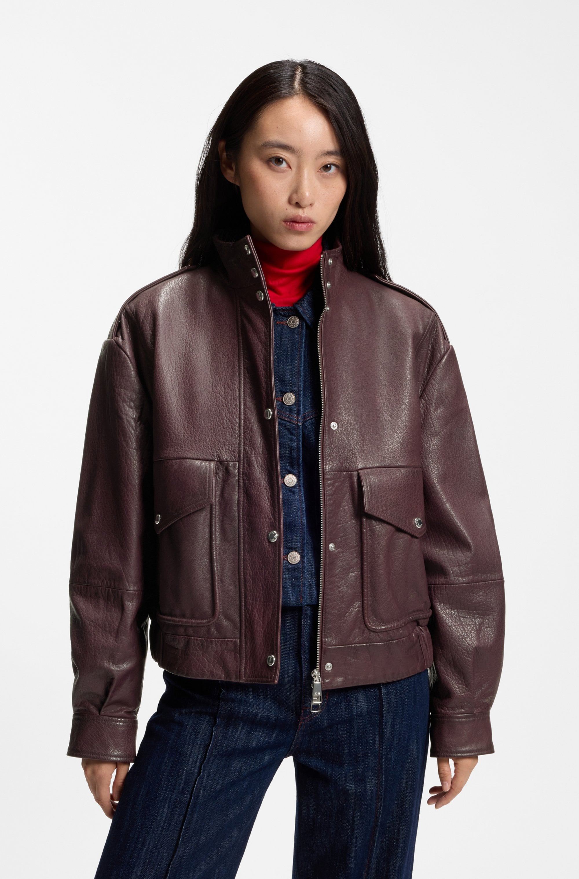 BOSS ORANGE Lederjacke "Sabea Premium Damenmode" mit Stehkragen, Relaxed Fit