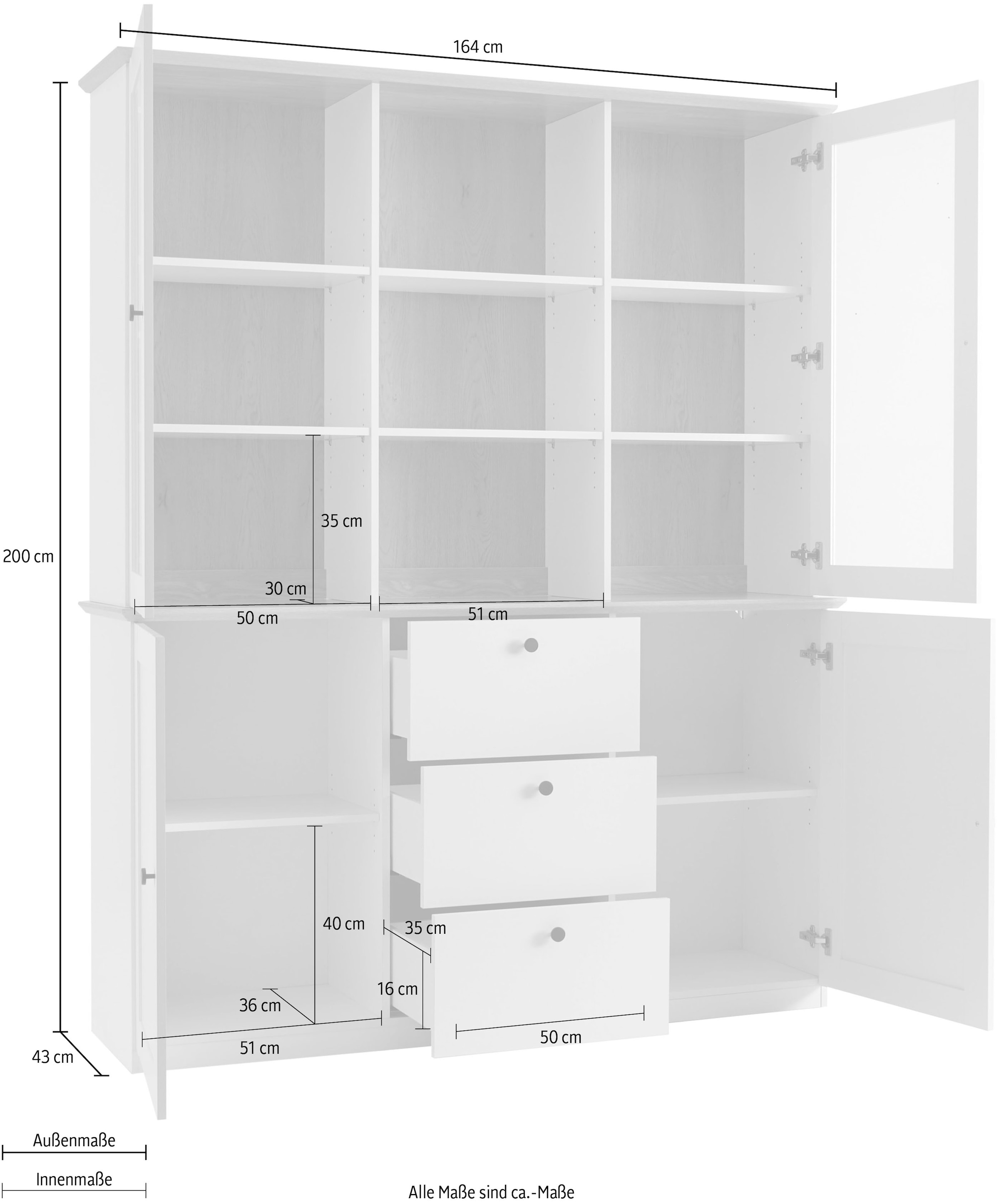 OTTO home Buffet »Brest, Hochschrank im Landhausstil, Schrank, Küchenschrank« schwarze Metallgriffe, viel Stauraum, Glastüren, 164 cm breit