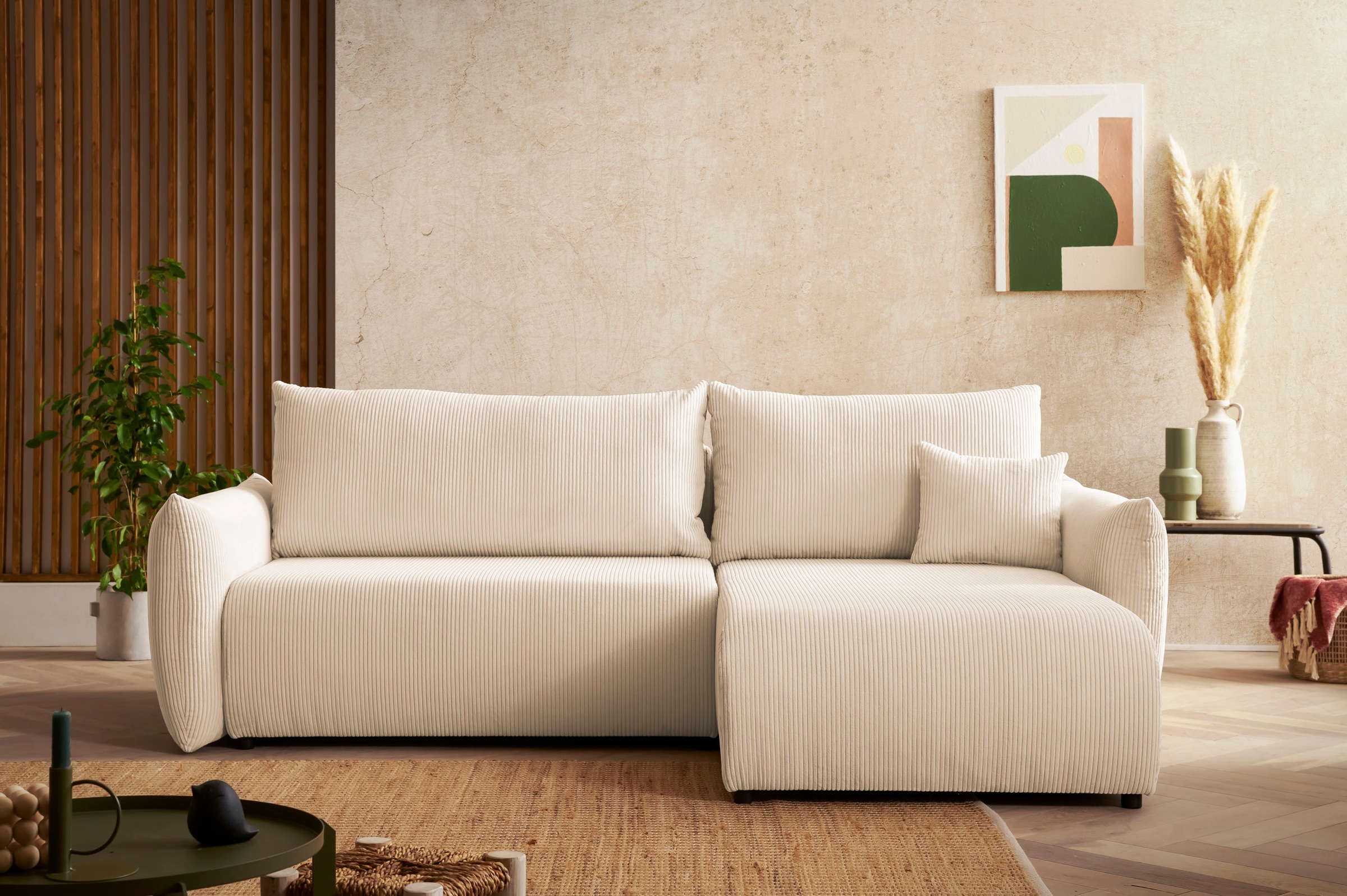 INOSIGN Ecksofa »MAVAS Schlafsofa mit Bettkasten, L-Form,«, ca.257/127cm (Liegefläche 212/145 cm), Cord, Chenille, Struktur