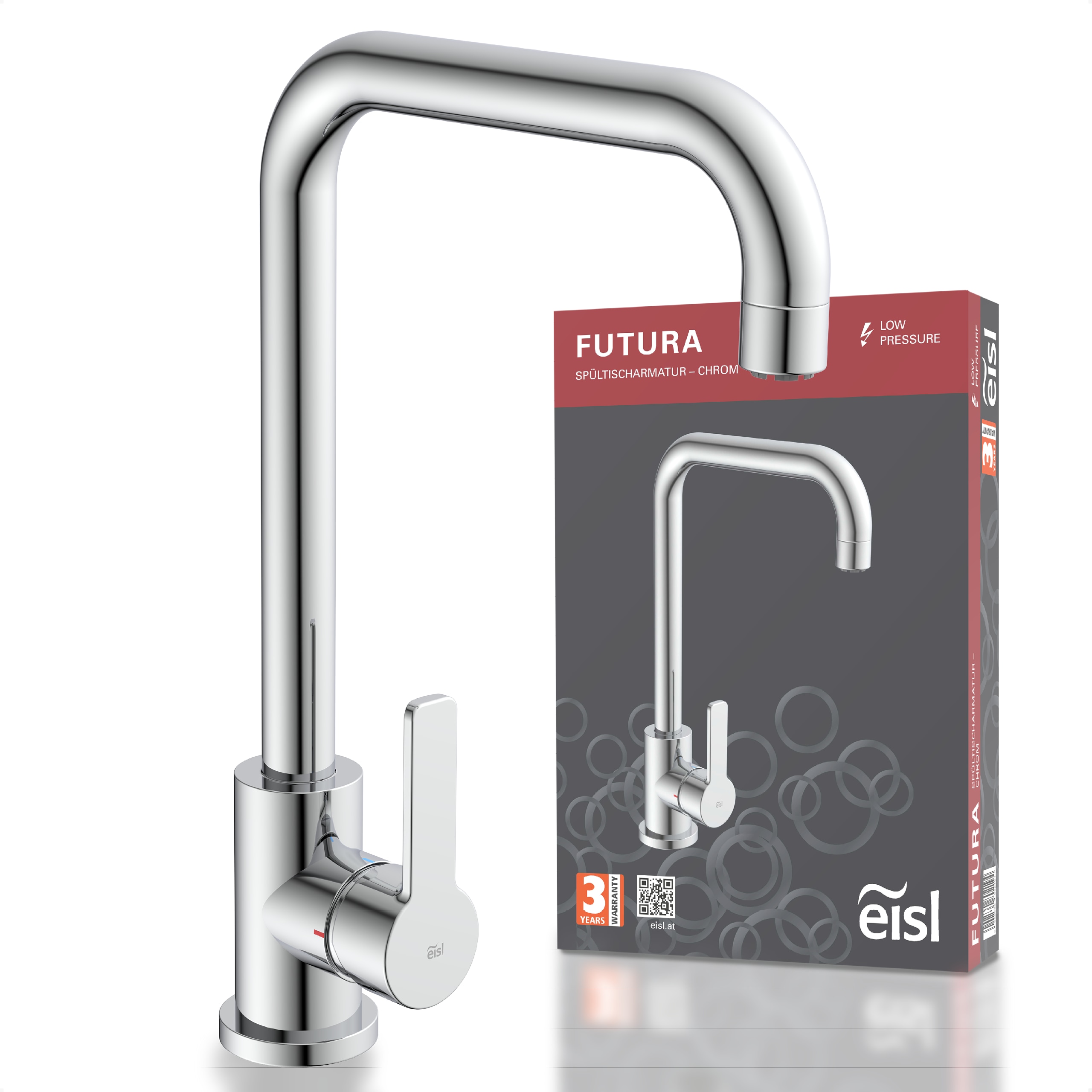 Eisl Spültischarmatur "Futura" Niederdruckarmatur, Dripless, Cold-Start, 360 schwenkbar