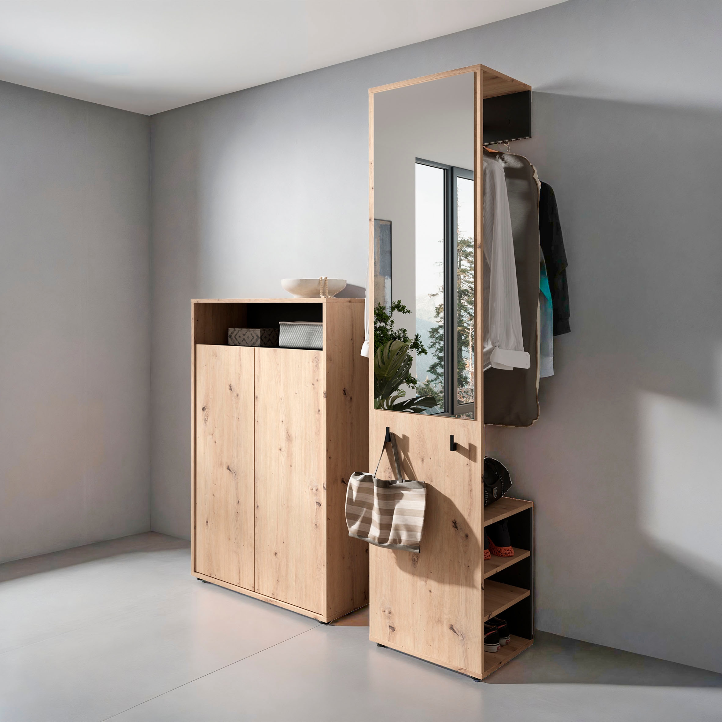 byLIVING Garderoben-Set "Lyon, platzsparender Garderobenschrank mit großem Spiegel" 2-teilig, 2 Stk. tlg.