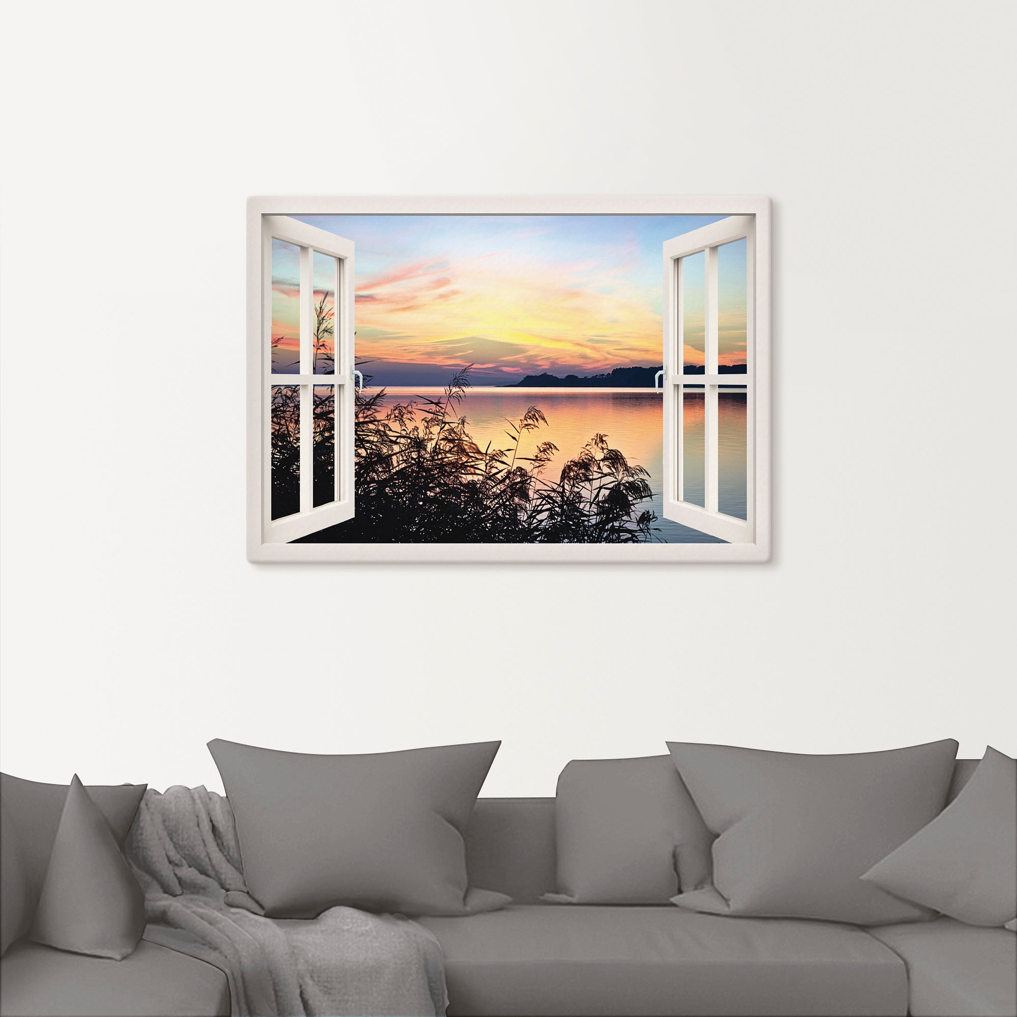 Artland Leinwandbild »Fensterblick - Abendrot im Schilf, weiß«, Fensterblick, (1 St.), auf Keilrahmen gespannt