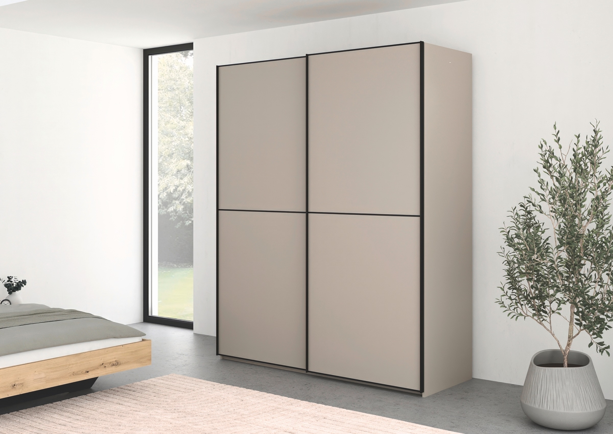 rauch Schwebetürenschrank »Kleiderschrank Schrank Garderobe Schlafzimmerschrank SCALE-DUO«, edle zweigeteilte Türen und 3 Zierleisten MADE IN GERMANY