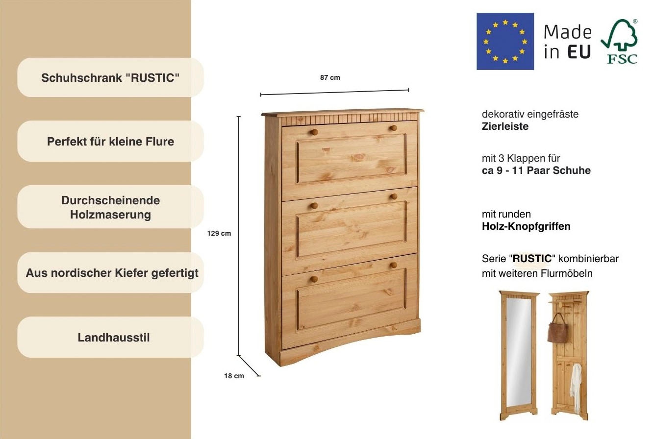 Home affaire Schuhschrank »Rustic«, mit Knopfgriffen aus massiver Kiefer,FSC®-zertifiziert,Kassetenoptik