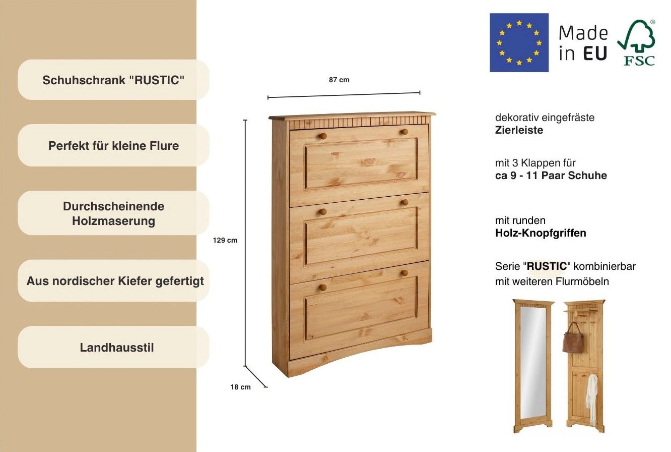 Thumbnail - Home affaire Schuhschrank "Rustic", aus massiver Kiefer, 3 Schuhklappen, für 9-11 Paar, Kassettenoptik