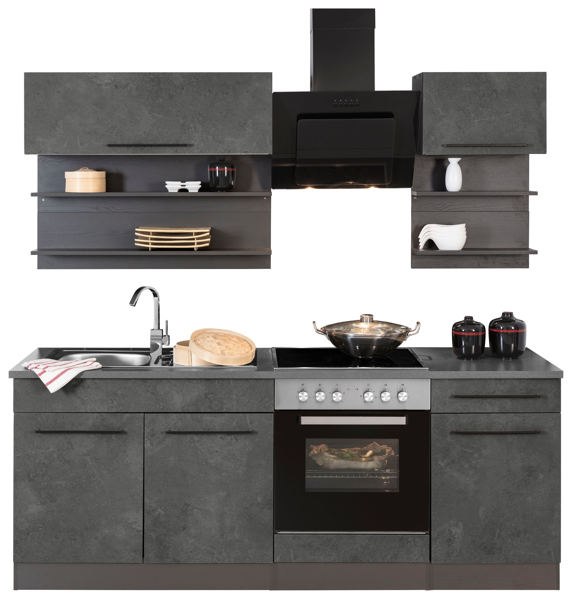 KOCHSTATION Küchenzeile »KS-Tulsa«, Breite 210 cm, schwarze Metallgriffe, hochwertige MDF Fronten