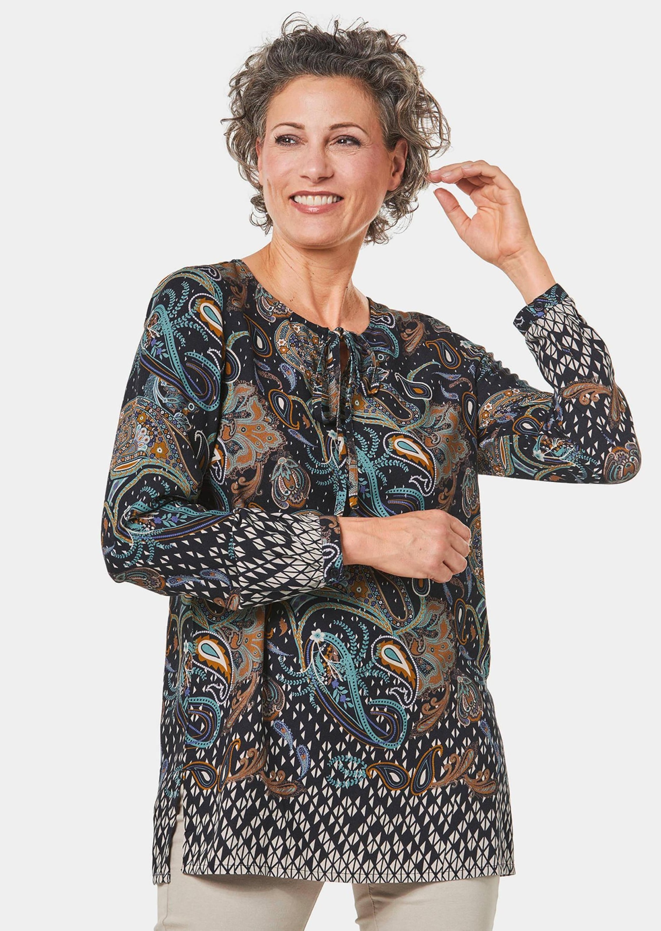 GOLDNER Druckbluse »Longbluse Farbbrillante Druckbluse mit liebevollen Details«