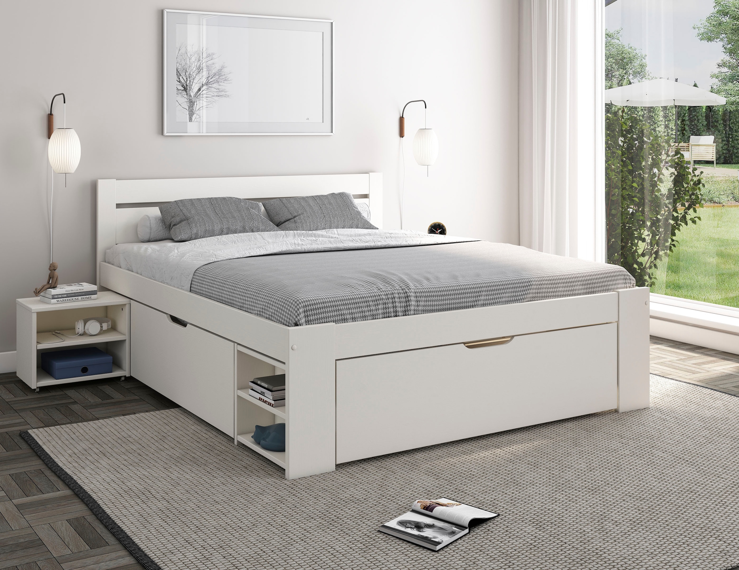 DS PRODUKT Massivholzbett ""HANNES " mit Schubladen und Regalen, Nachtschra günstig online kaufen