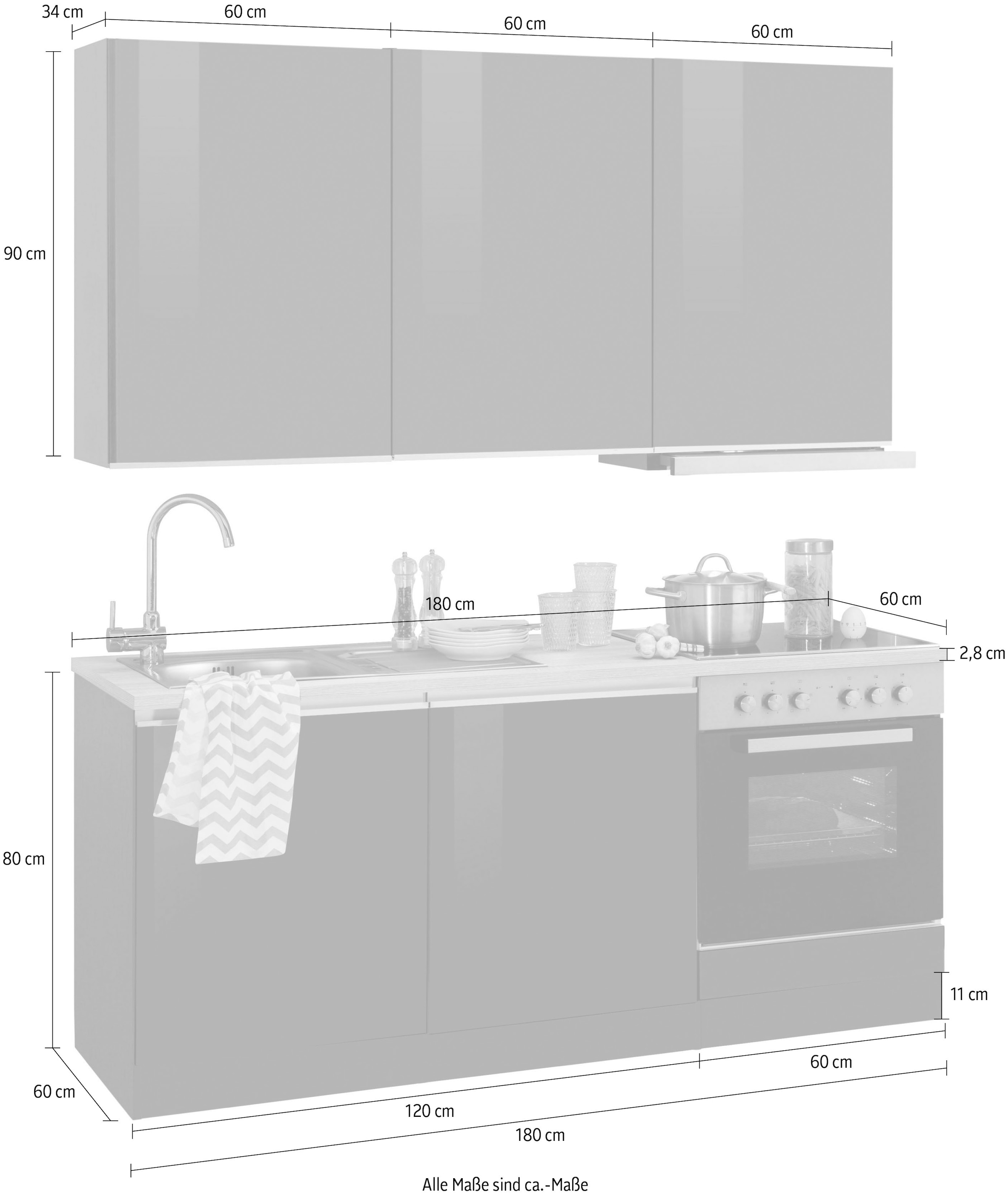 HELD MÖBEL Küchenzeile »Ohio«, mit E-Geräten, Breite 180 cm