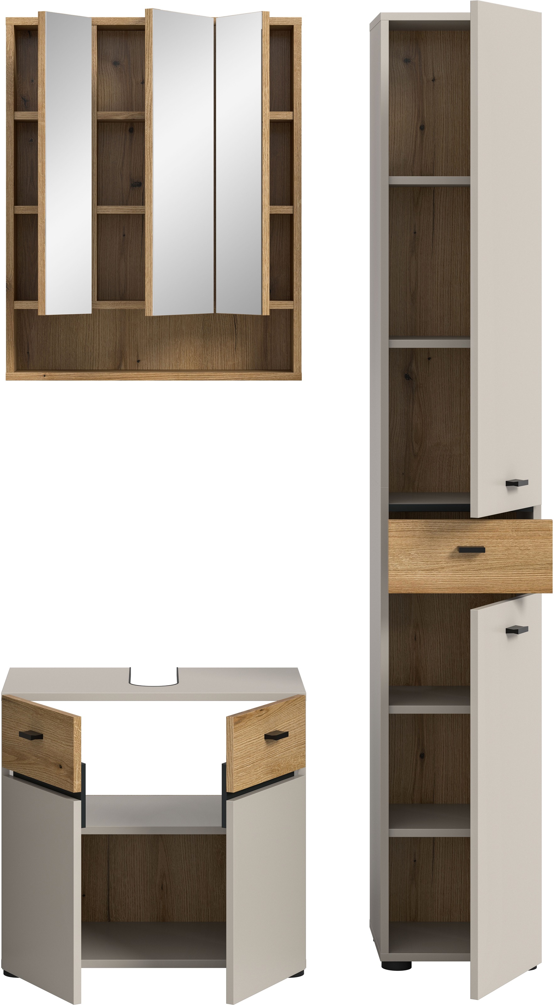 welltime Badmöbel-Set »VANN, 3-teilige moderne Badkombination, individuell stellbar« 1x Waschbeckenunterschrank, 1x Spiegelschrank, 1x Hochschrank, 3 Stk. tlg.