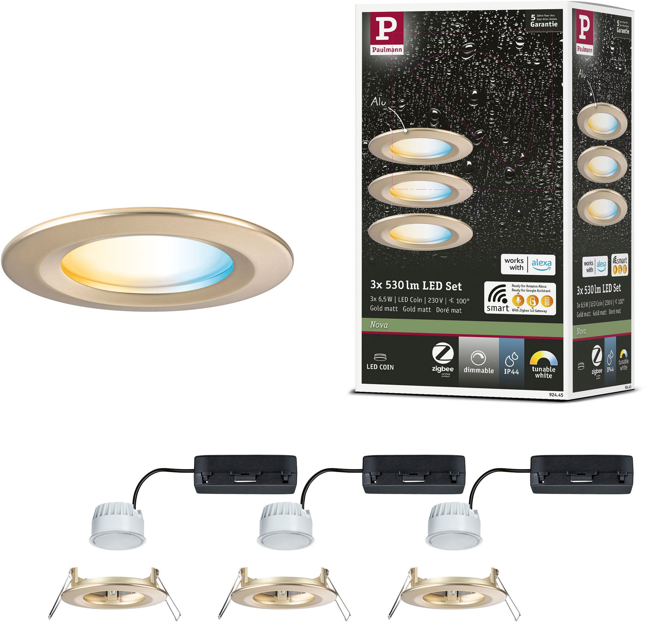 PAULMANN LED Einbauleuchte "LED Einbauleuchte Nova Coin IP44 rund 78mm", 3, Ø 7,8cm, 3 Stk., gold, Leuchten, Memoryfunktion, Farbwechsler,