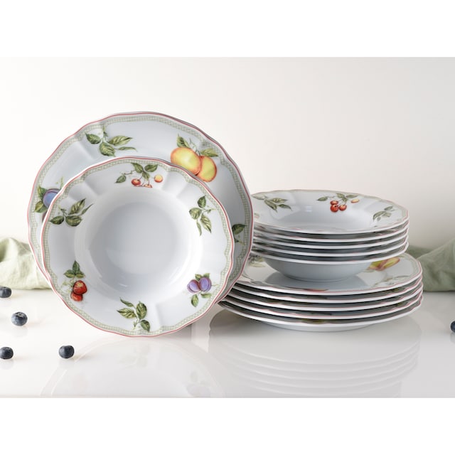 CreaTable Tafelservice »Geschirr-Set Flora Orchard«, (Set, 12 tlg., Teller  Set für 6 Personen), Service, Früchtedekor, 12 Teile, für 6 Personen | BAUR