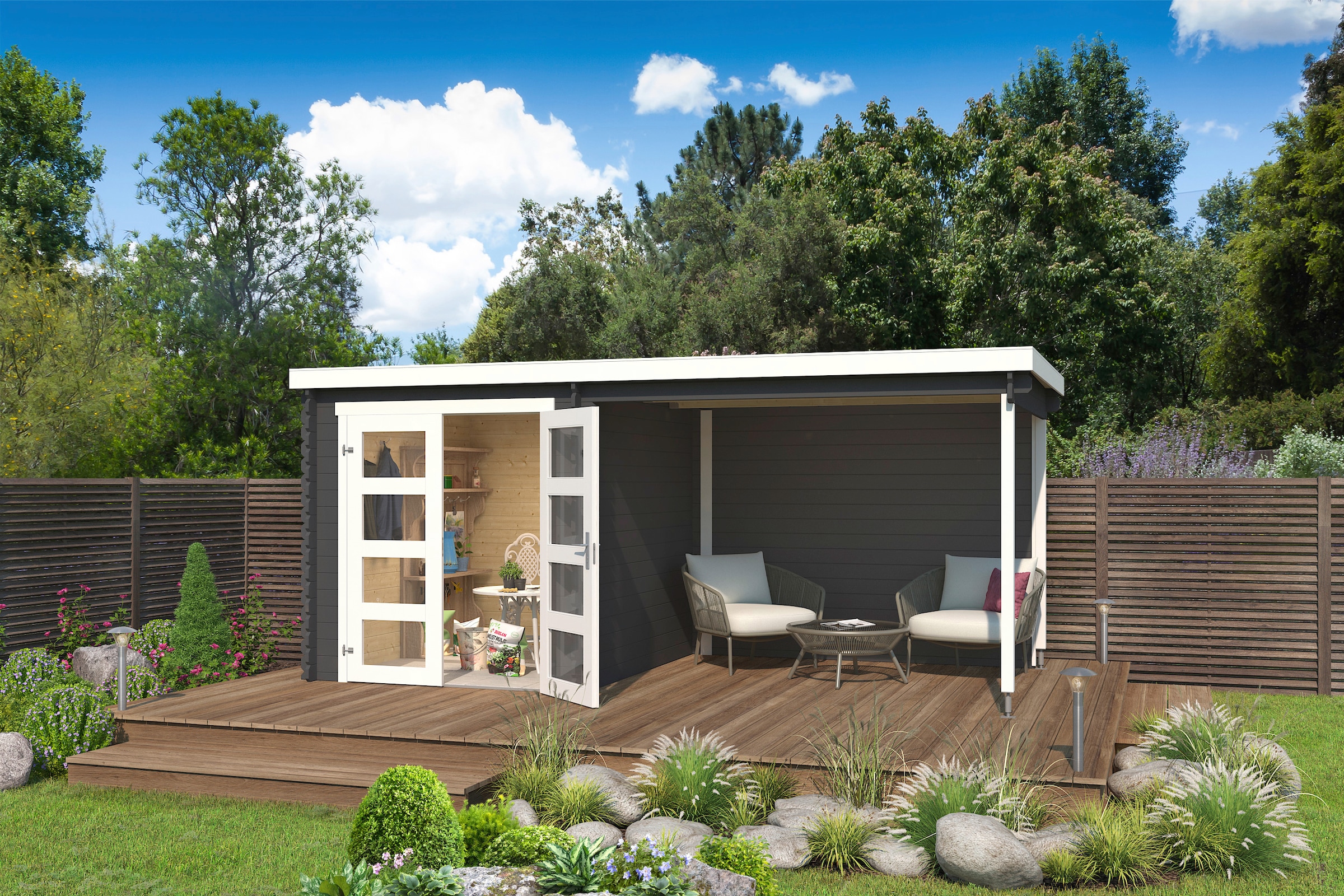 LASITA MAJA Gartenhaus "Long Beach" Blockbohlenhaus 28mm mit Anbau