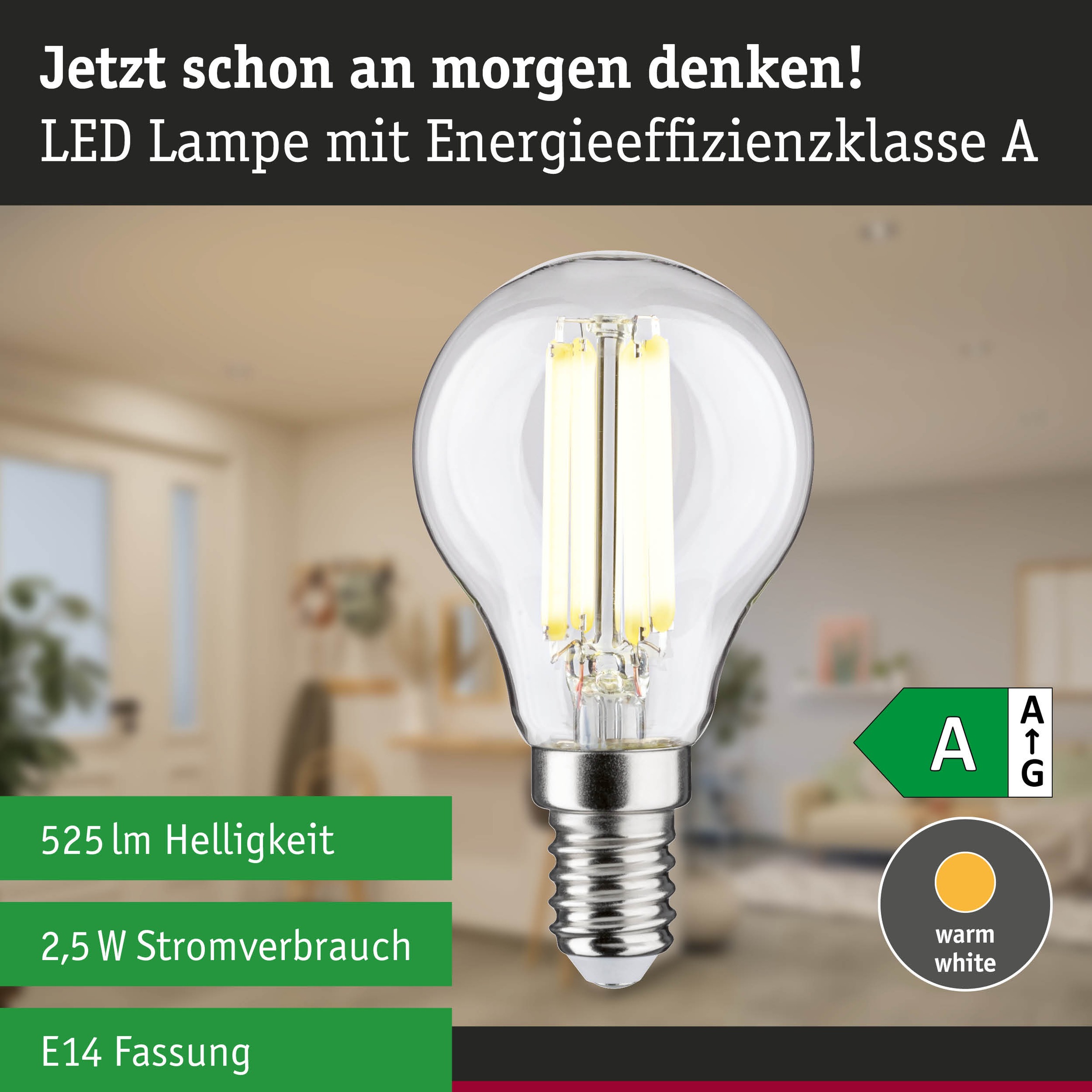 Paulmann LED-Leuchtmittel »Efficient-Line Filament 230V LEDTropfen E14 1St. 525lm 2,5W 4000K Klar« E14 1 Stk. Neutralweiß